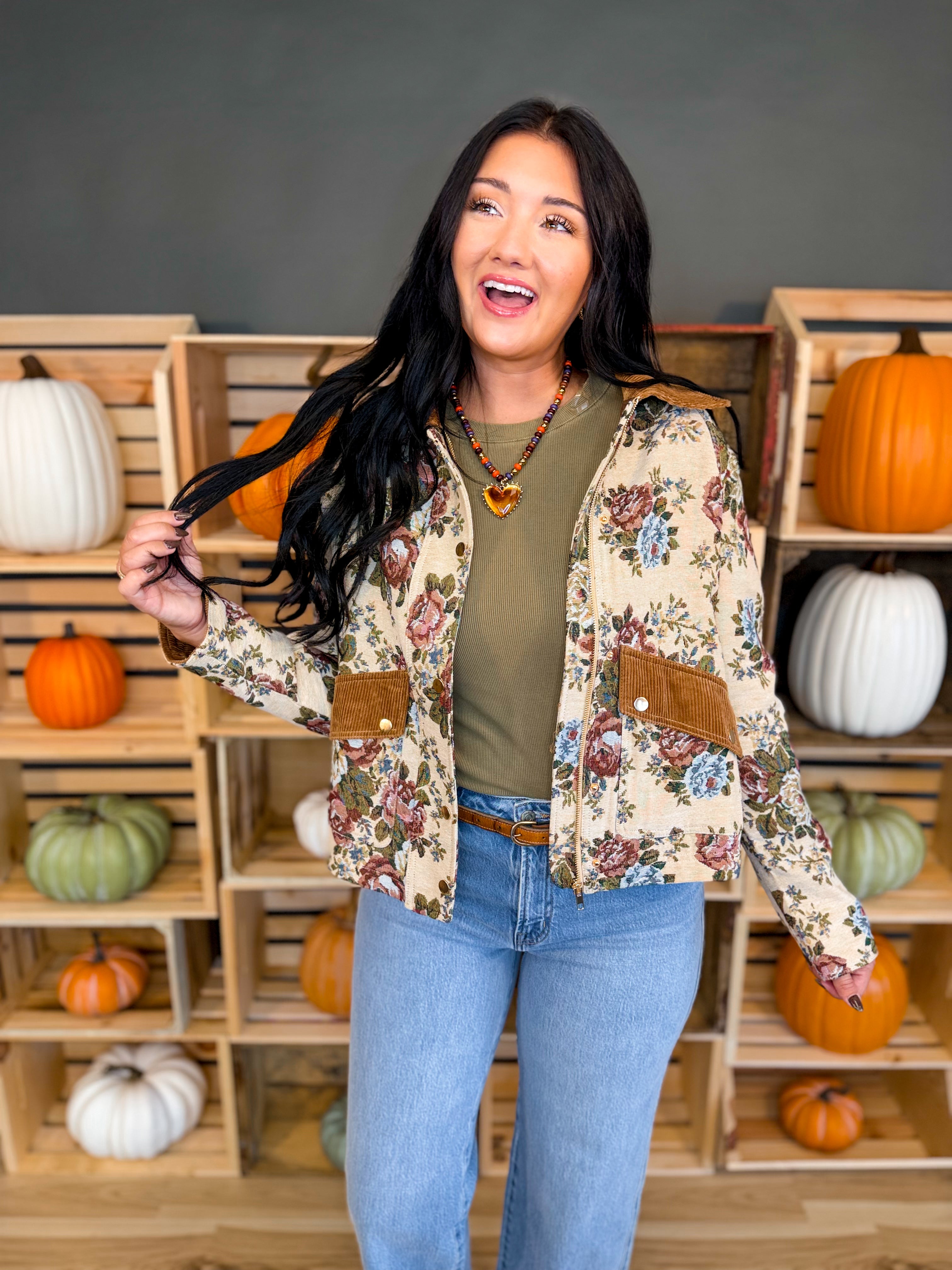 Vintage Floral Tapestry Corduroy Detail Jacket - Lace and Grace Boutique