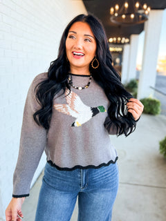 Simply Southern Flying Duck Scalloped Edge Knit Sweater - Grey - Lace and Grace Boutique