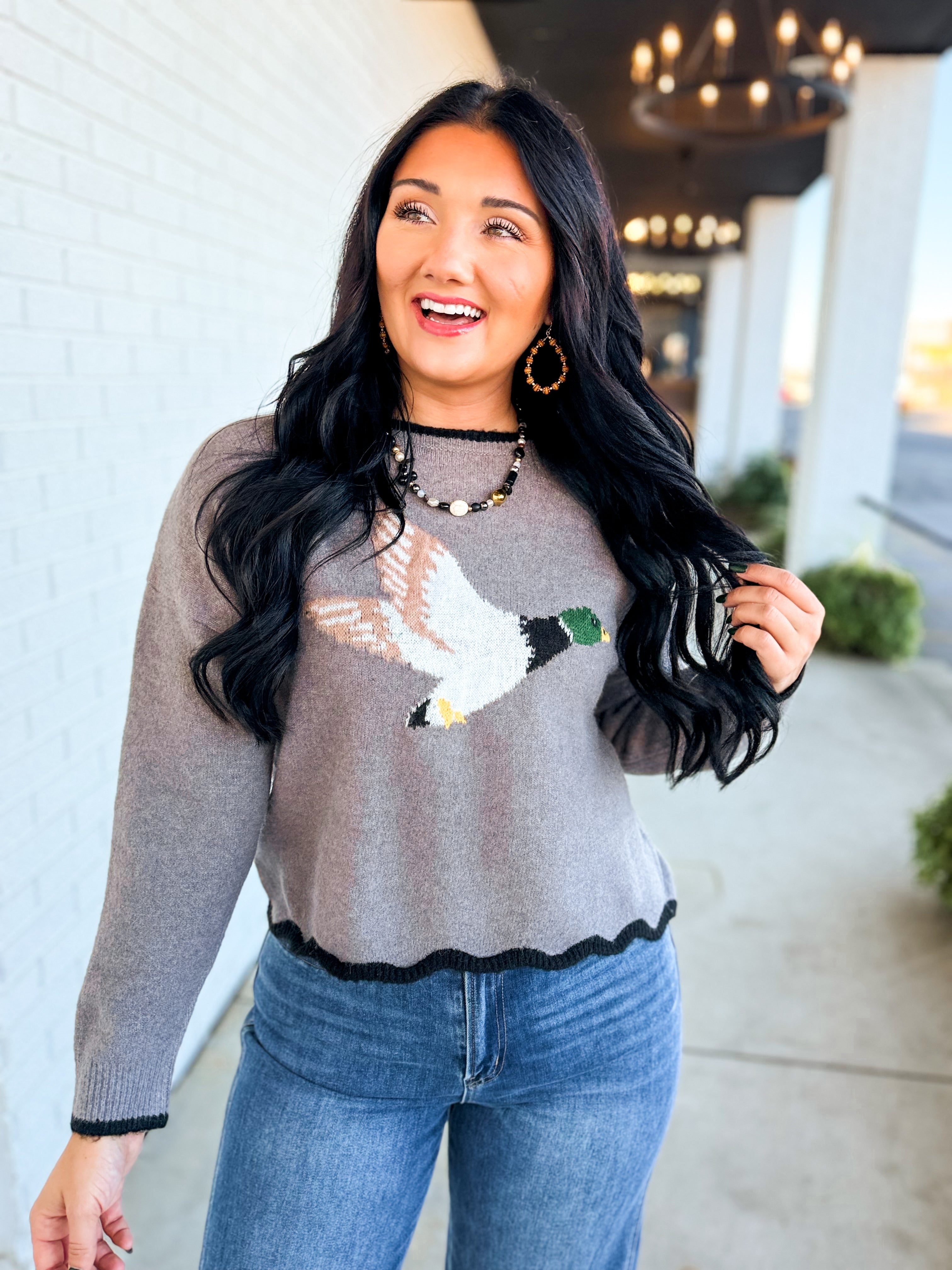 Simply Southern Flying Duck Scalloped Edge Knit Sweater - Grey - Lace and Grace Boutique