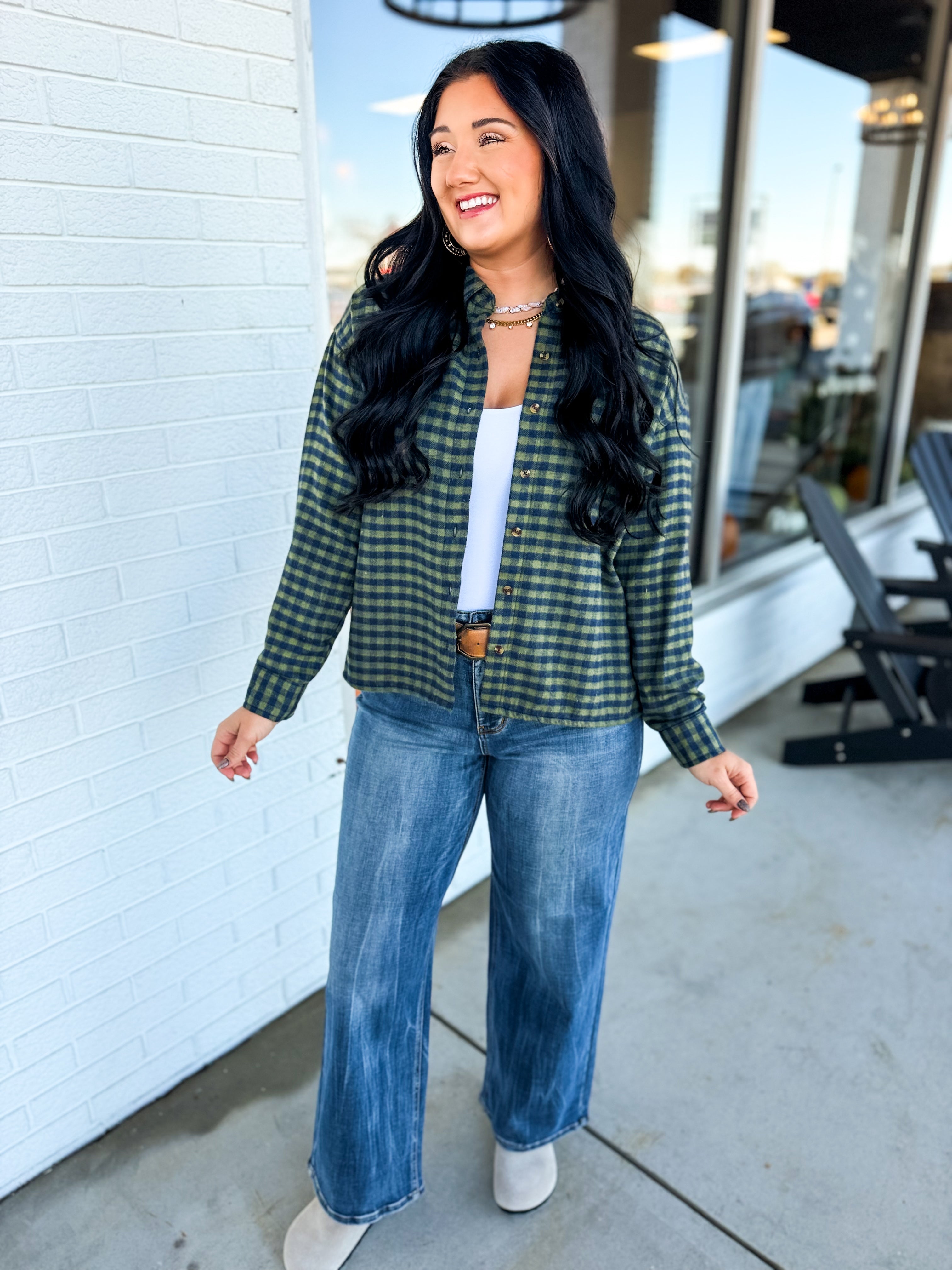 Plaid Printed Soft Button Up Cropped Woven Shirt - Ember - Lace and Grace Boutique
