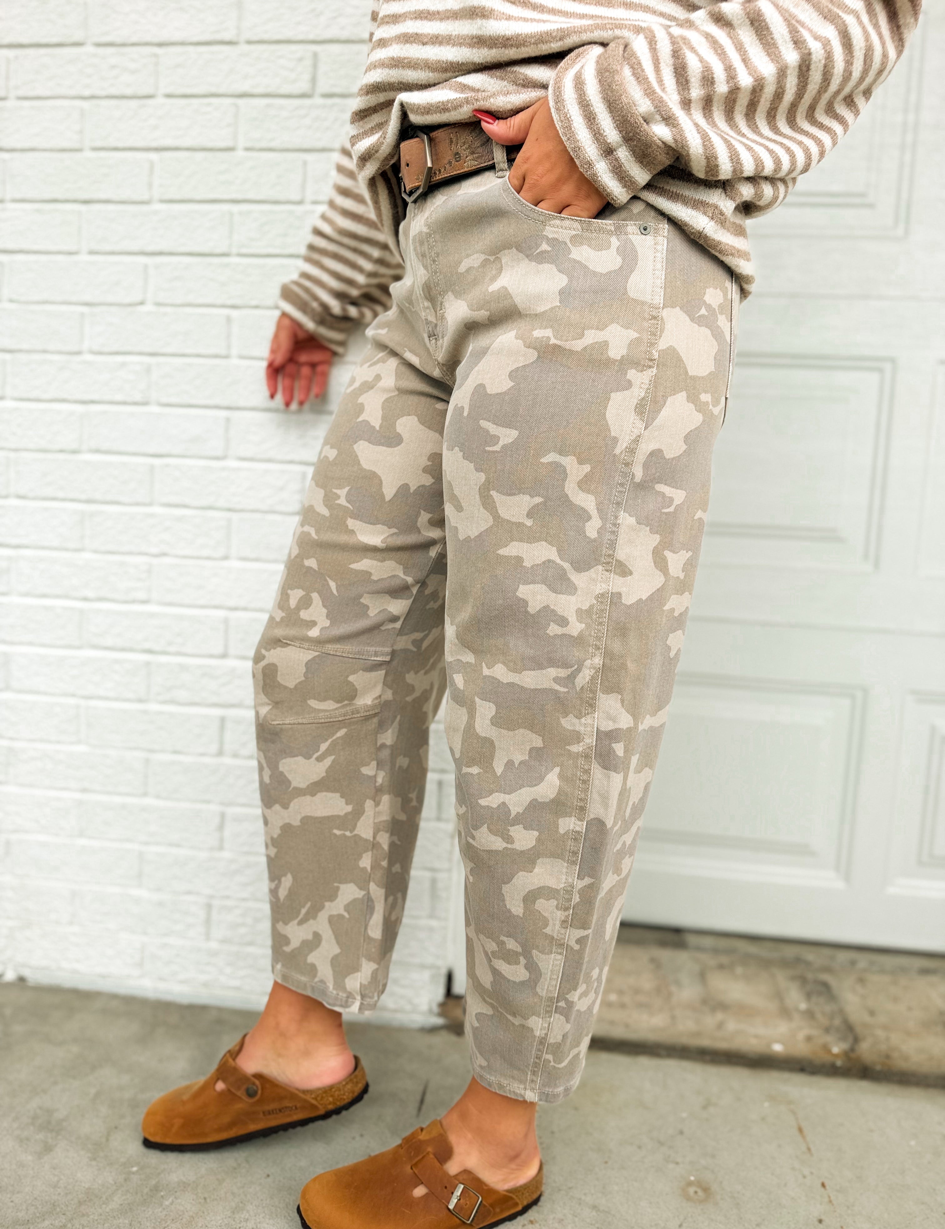 Hidden Sammie Cropped Barrel Jeans - Tan Camo - Lace and Grace Boutique