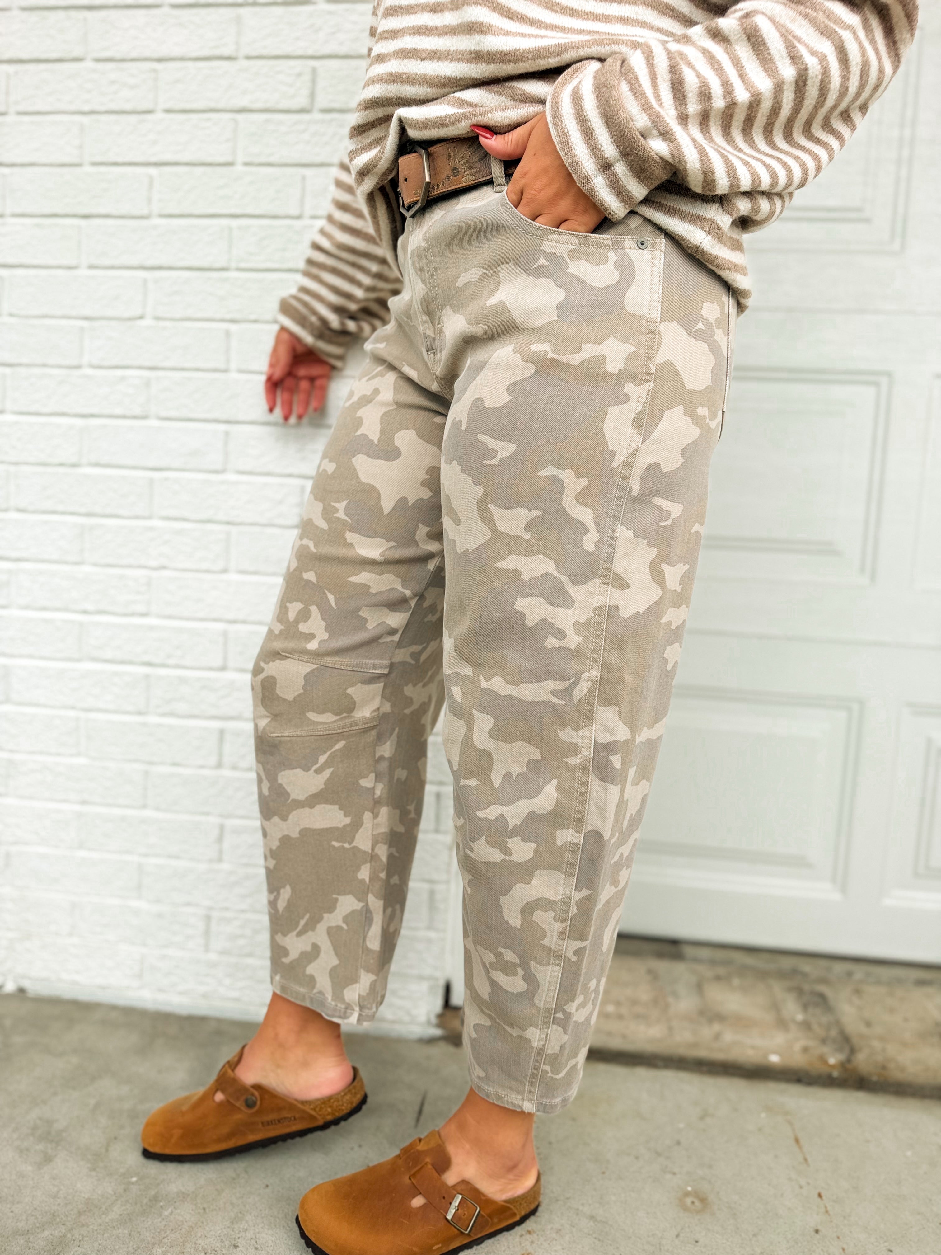 Hidden Sammie Cropped Barrel Jeans - Tan Camo - Lace and Grace Boutique