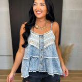 POL Lace Patch Vintage Wash Denim Tank Top