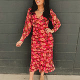 Plunging V-Neck Long Sleeve Maxi Dress - Carmine Rose