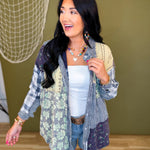 Oli & Hali Washed Patchwork Button Up Top - Navy - Lace and Grace Boutique