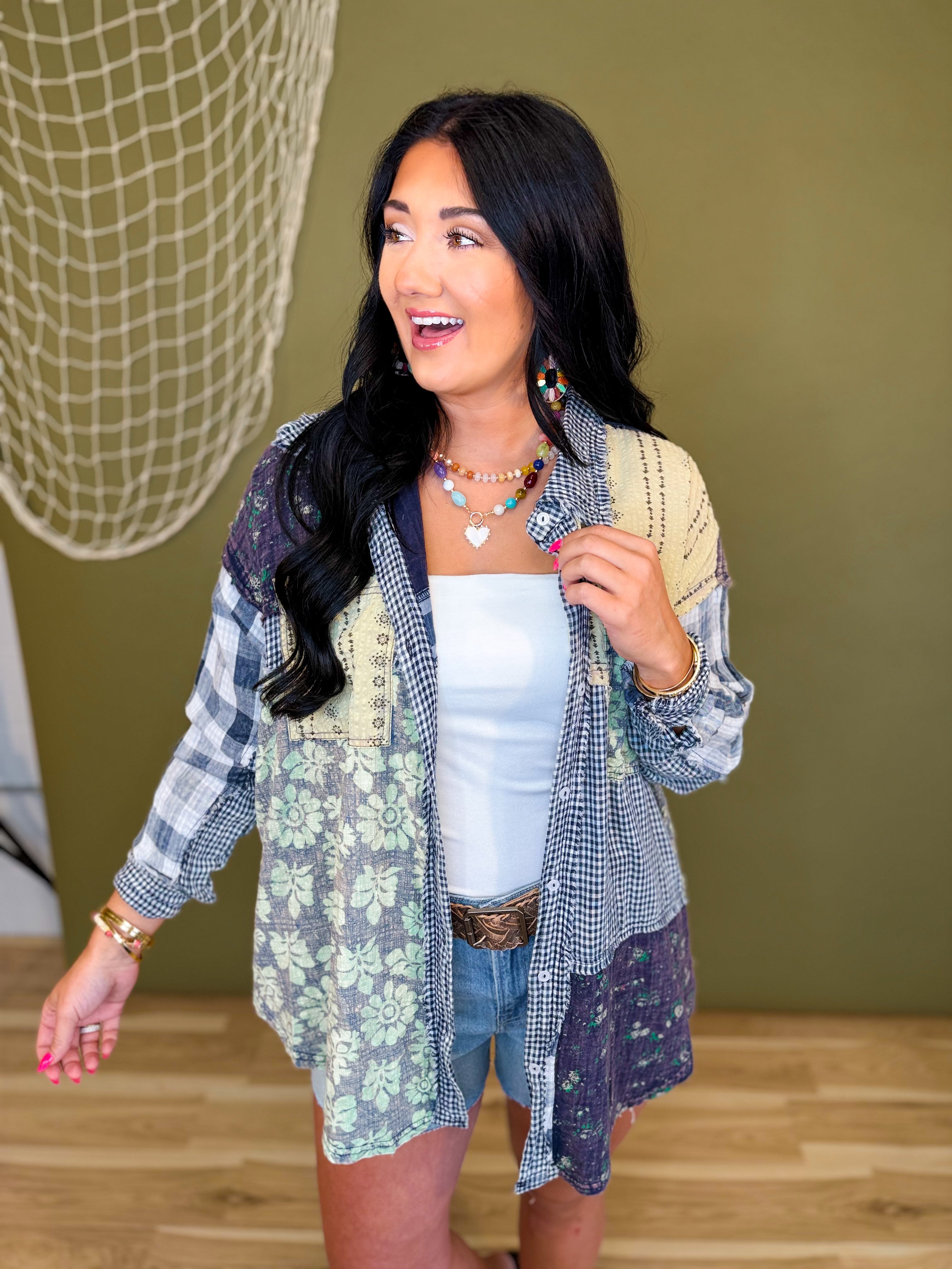 Oli & Hali Washed Patchwork Button Up Top - Navy - Lace and Grace Boutique