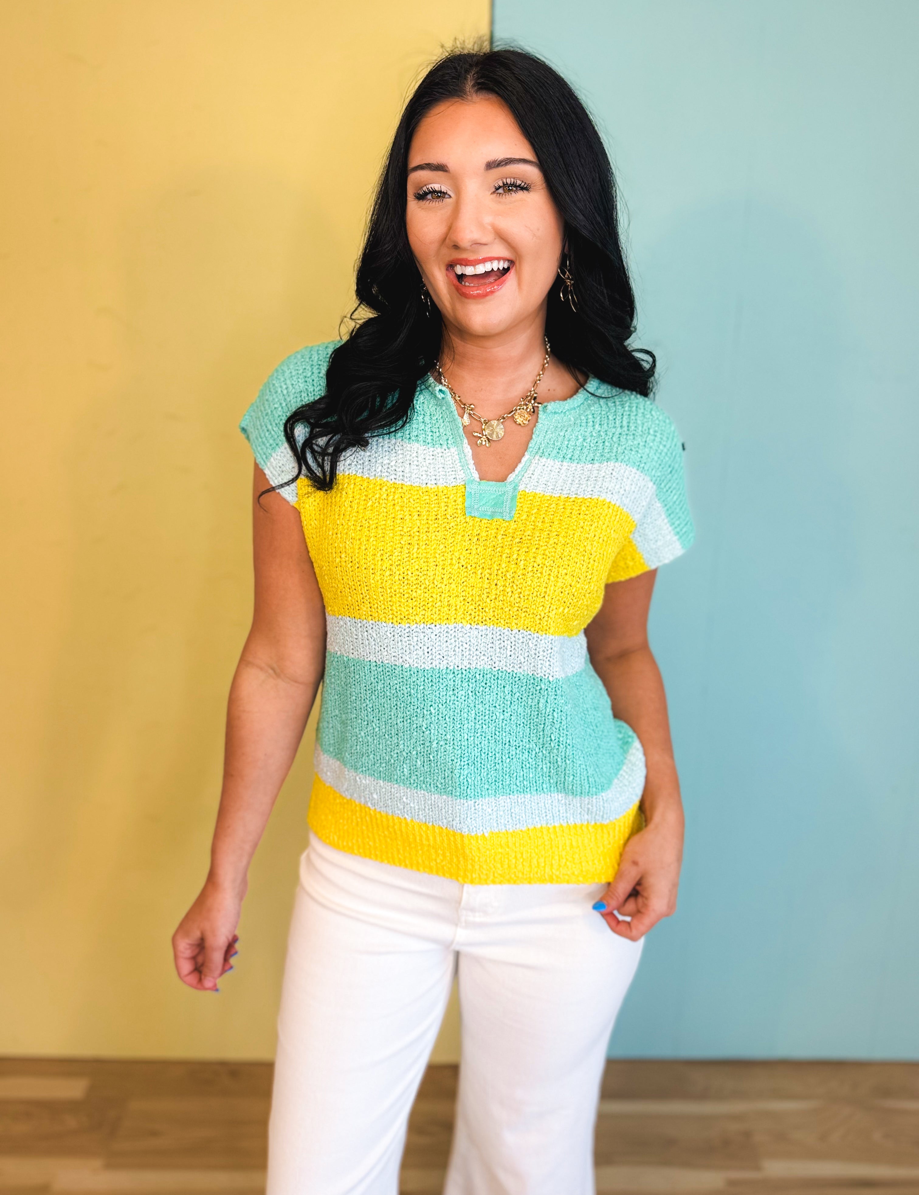 Color Block Textured Sweater Top - Spearmint/Lemon - Lace and Grace Boutique
