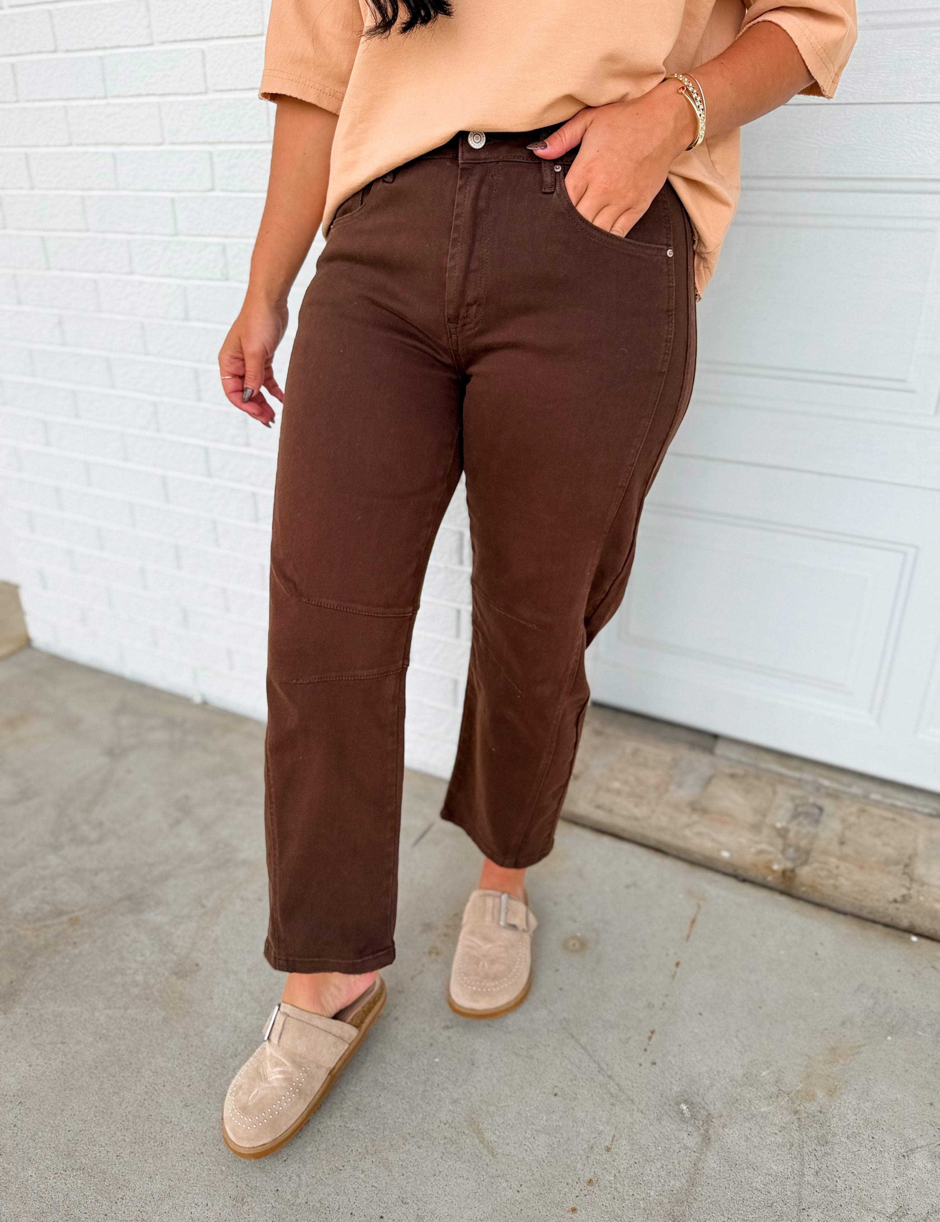 Barrel Leg Low Rise Crop Denim Pants - Dark Brown - Lace and Grace Boutique