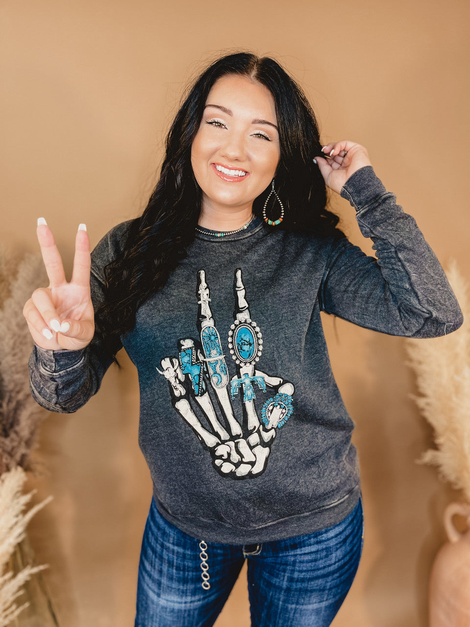 Skeleton Hand Mineral Washed Sweatshirt - Black - Lace and Grace Boutique