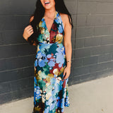 Floral Satin Halter Neck Midi Dress - Blue Multi