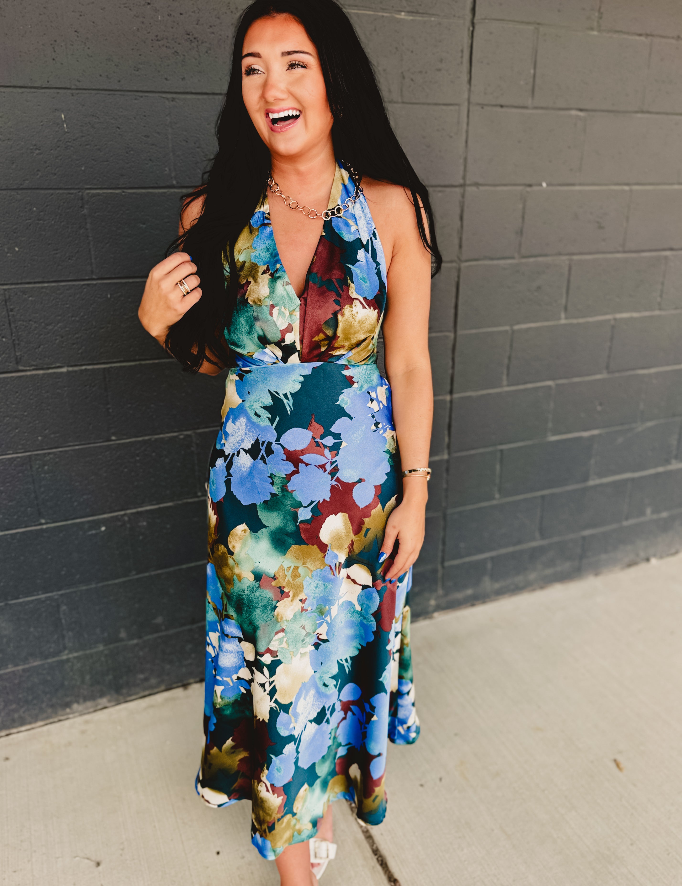 Floral Satin Halter Midi Dress - Blue Multi | Lace & Grace Floral Satin Halter Midi Dress - Blue Multi | Lace & Grace