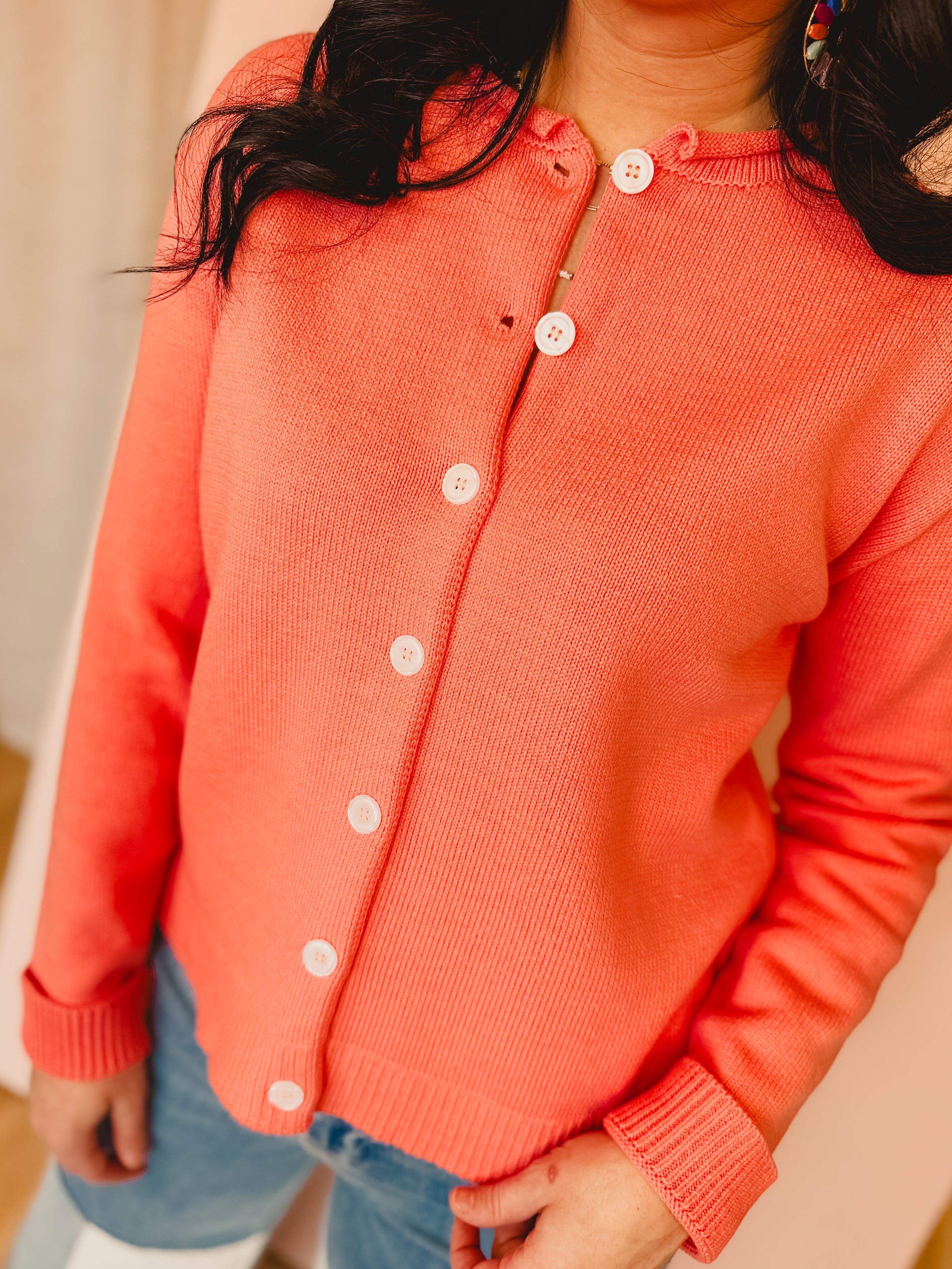 Raw Edge Neckline Button-Up Cardigan - Sunkist - Lace and Grace Boutique