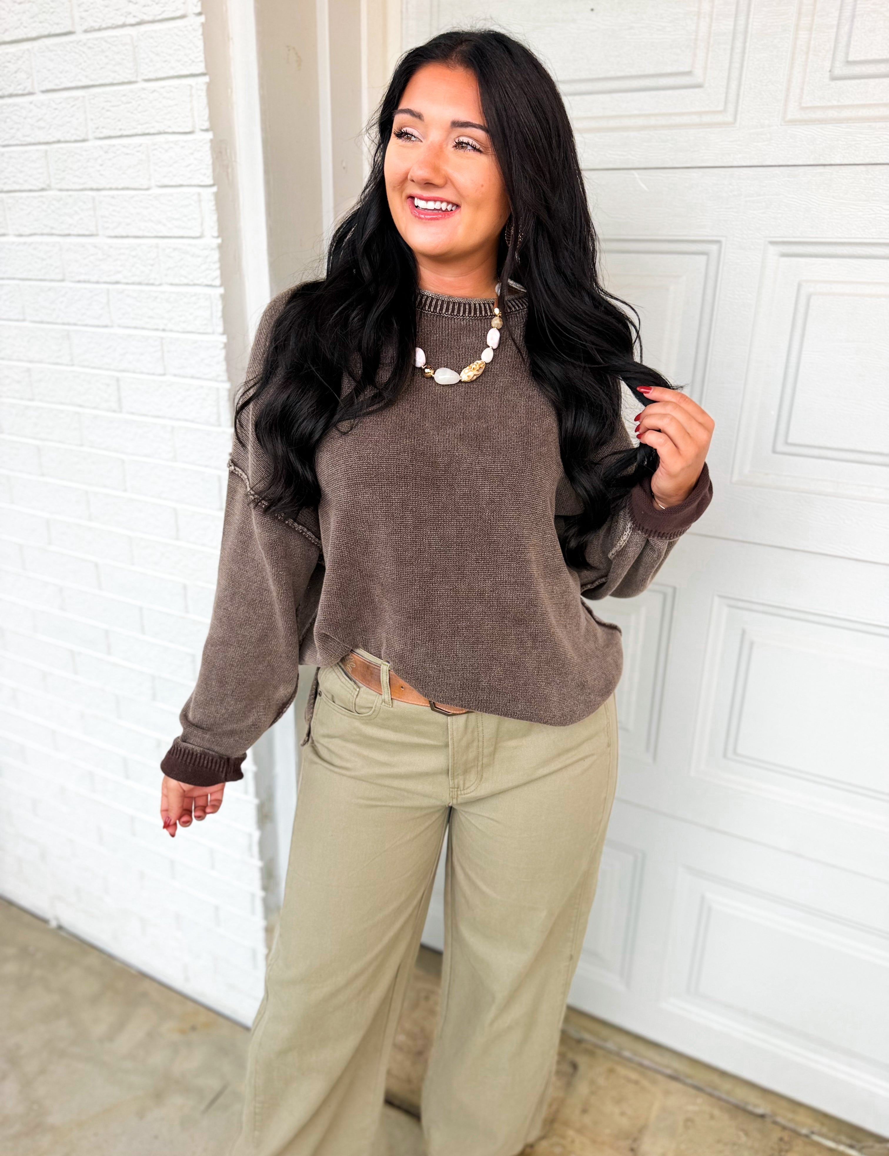 Washed Raw Edge Oversized Knit Sweater - Dark Brown - Lace and Grace Boutique
