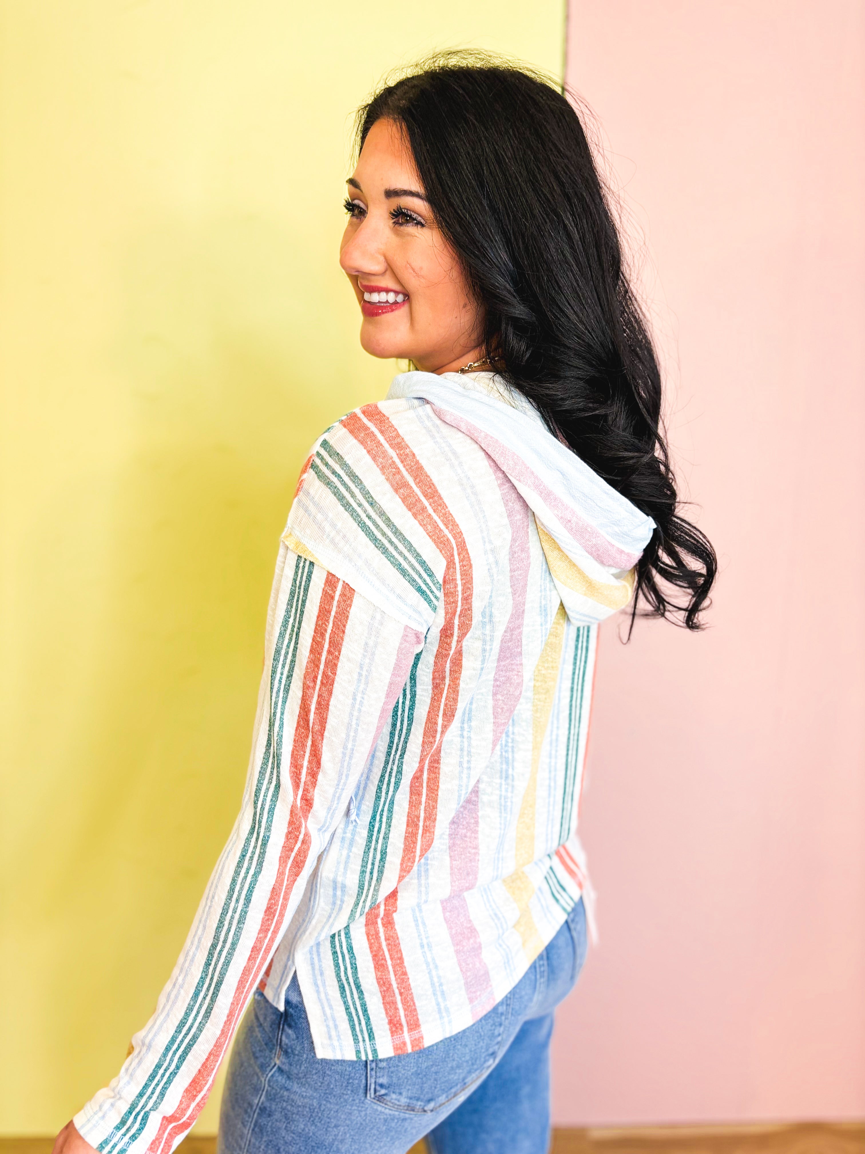 Striped Button Up Hooded Pullover - Multi - Lace and Grace Boutique