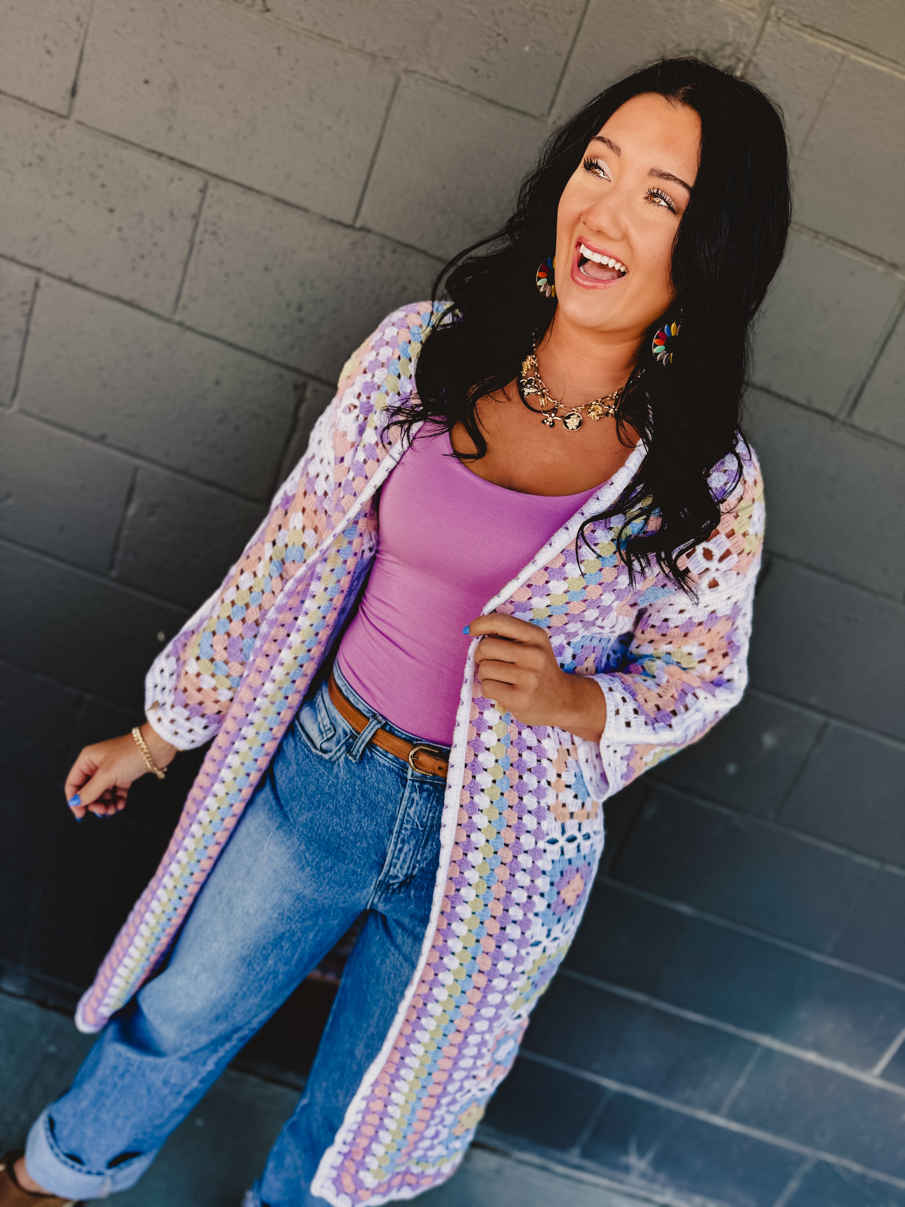 POL Granny Square Crochet Cardigan - White Multi - Lace and Grace Boutique