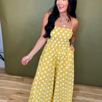 Polka Dot Print Smocked Detail Jumpsuit - Yellow - Lace and Grace Boutique