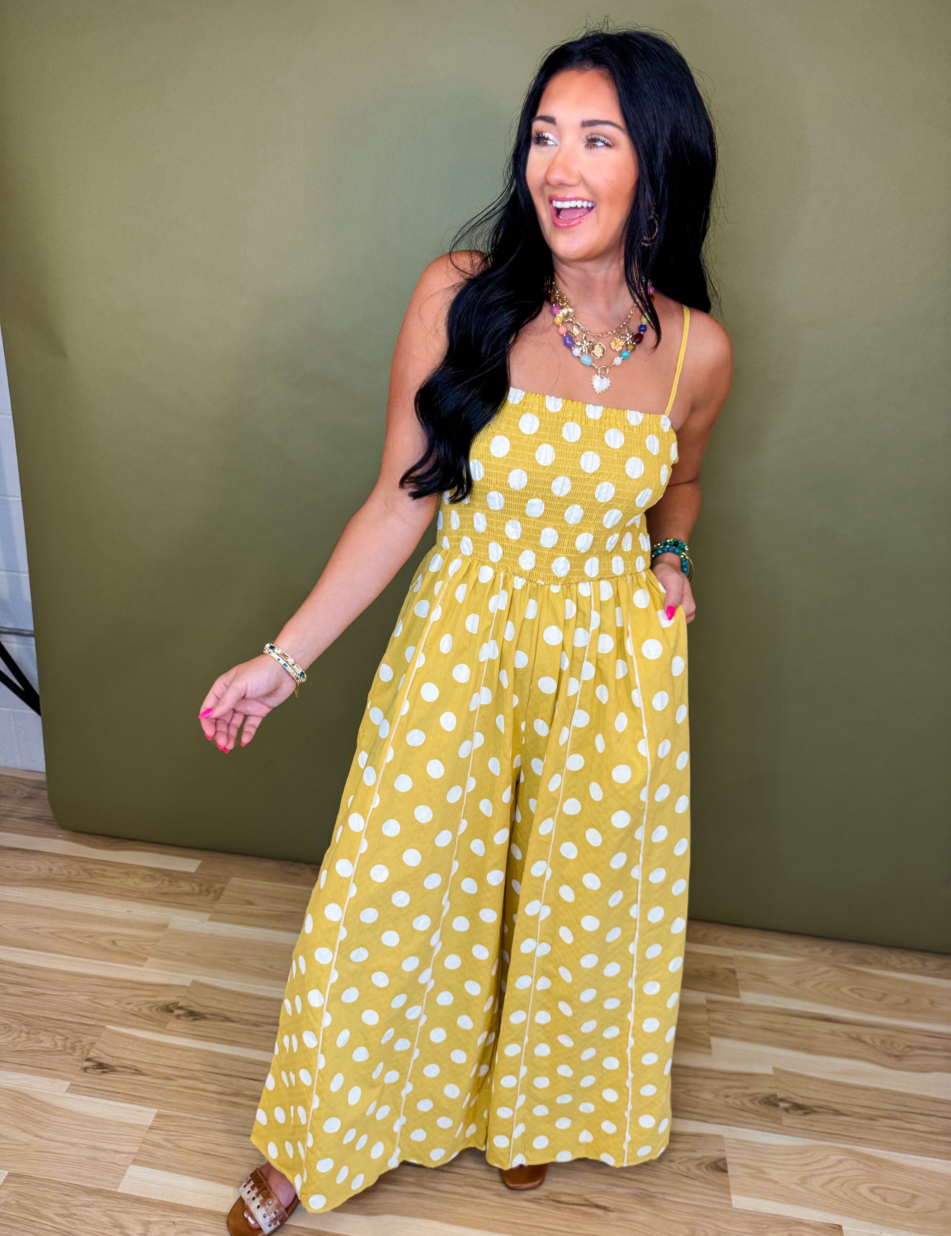 Polka Dot Print Smocked Detail Jumpsuit - Yellow - Lace and Grace Boutique
