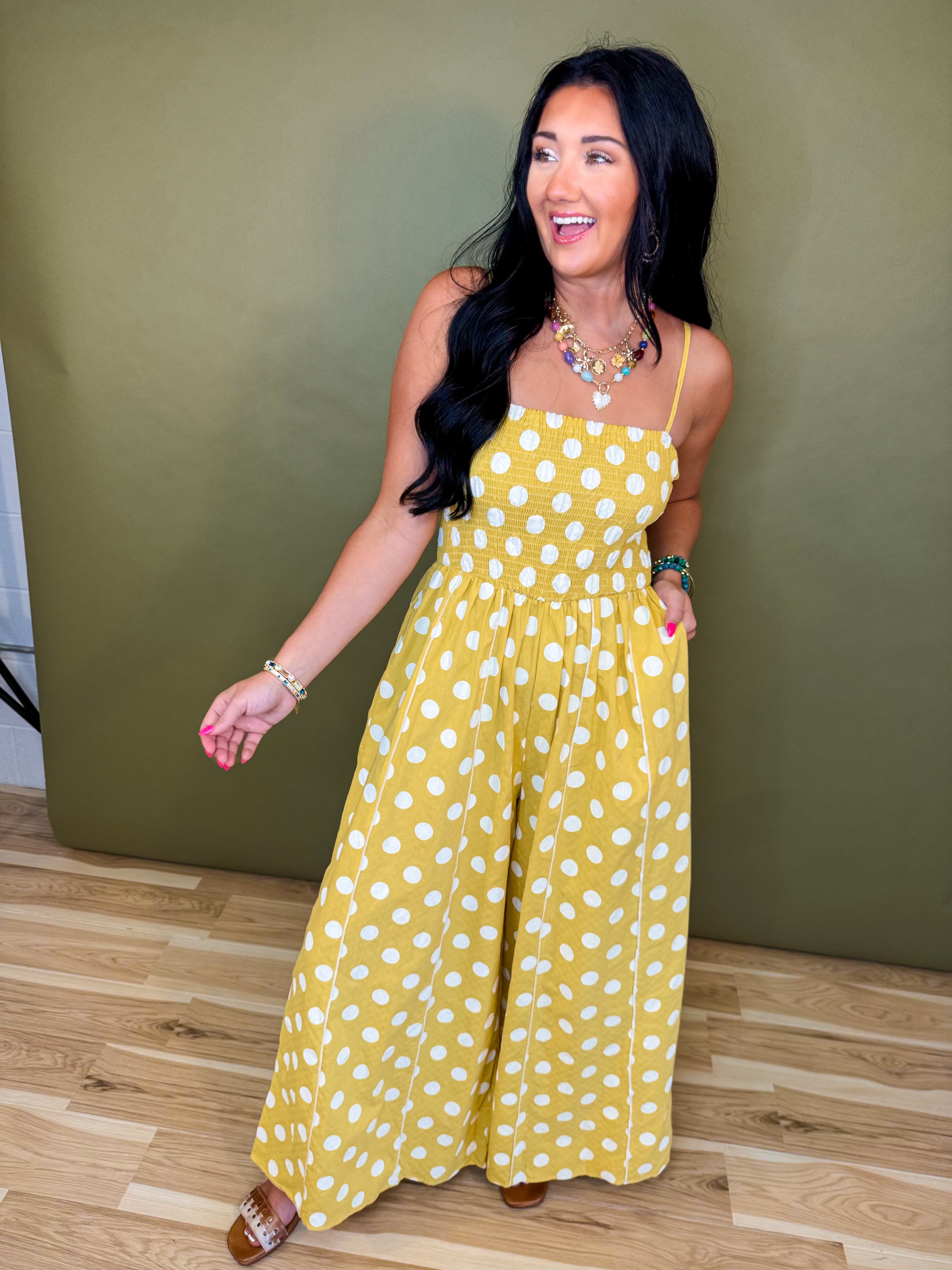 Polka Dot Print Smocked Detail Jumpsuit - Yellow - Lace and Grace Boutique
