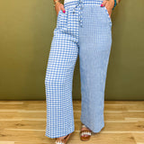 Mixed Gingham Straight Leg Pants - Blue/White - Lace and Grace Boutique
