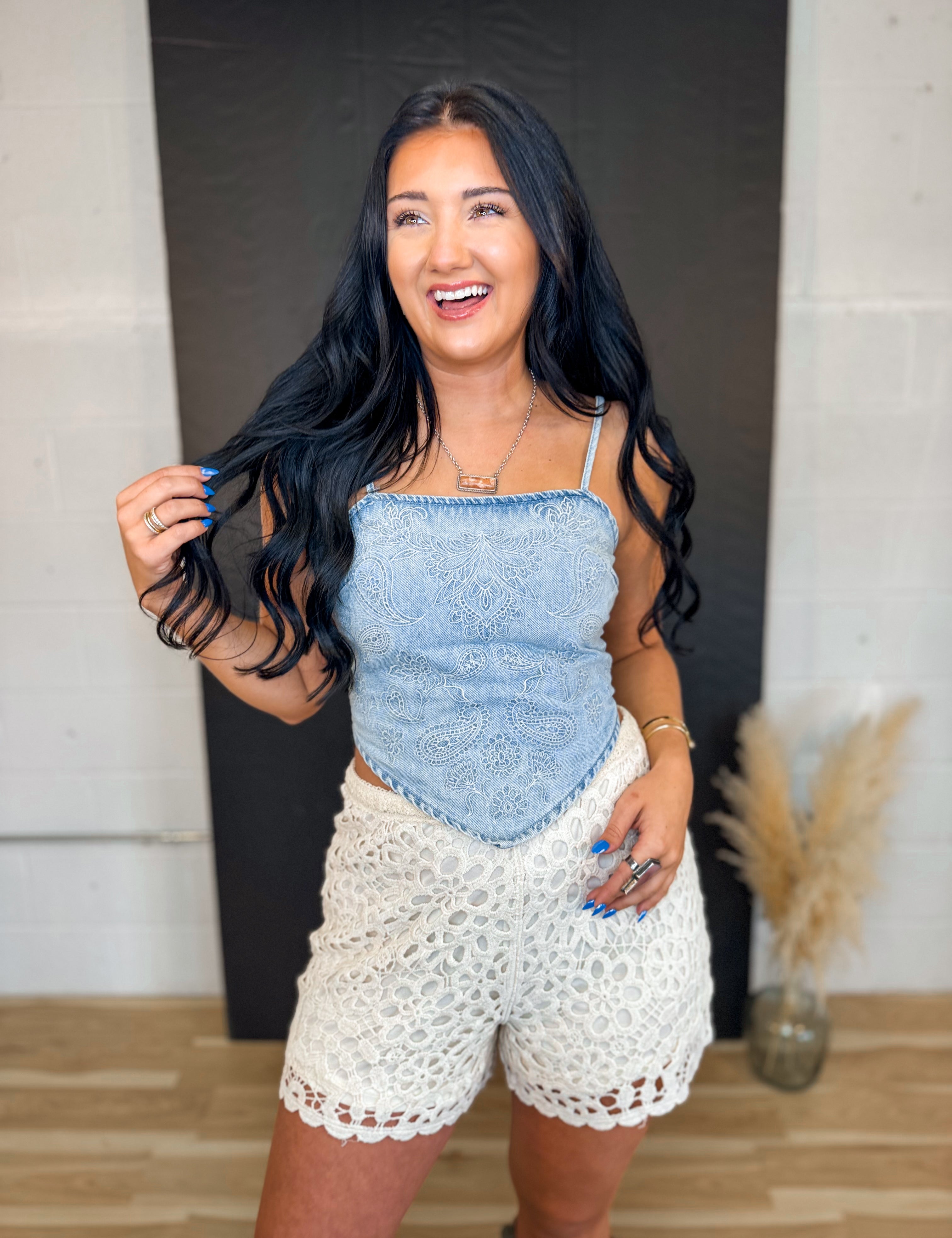 Paisley Embroidered Washed Denim Bandana Top - Lace and Grace Boutique