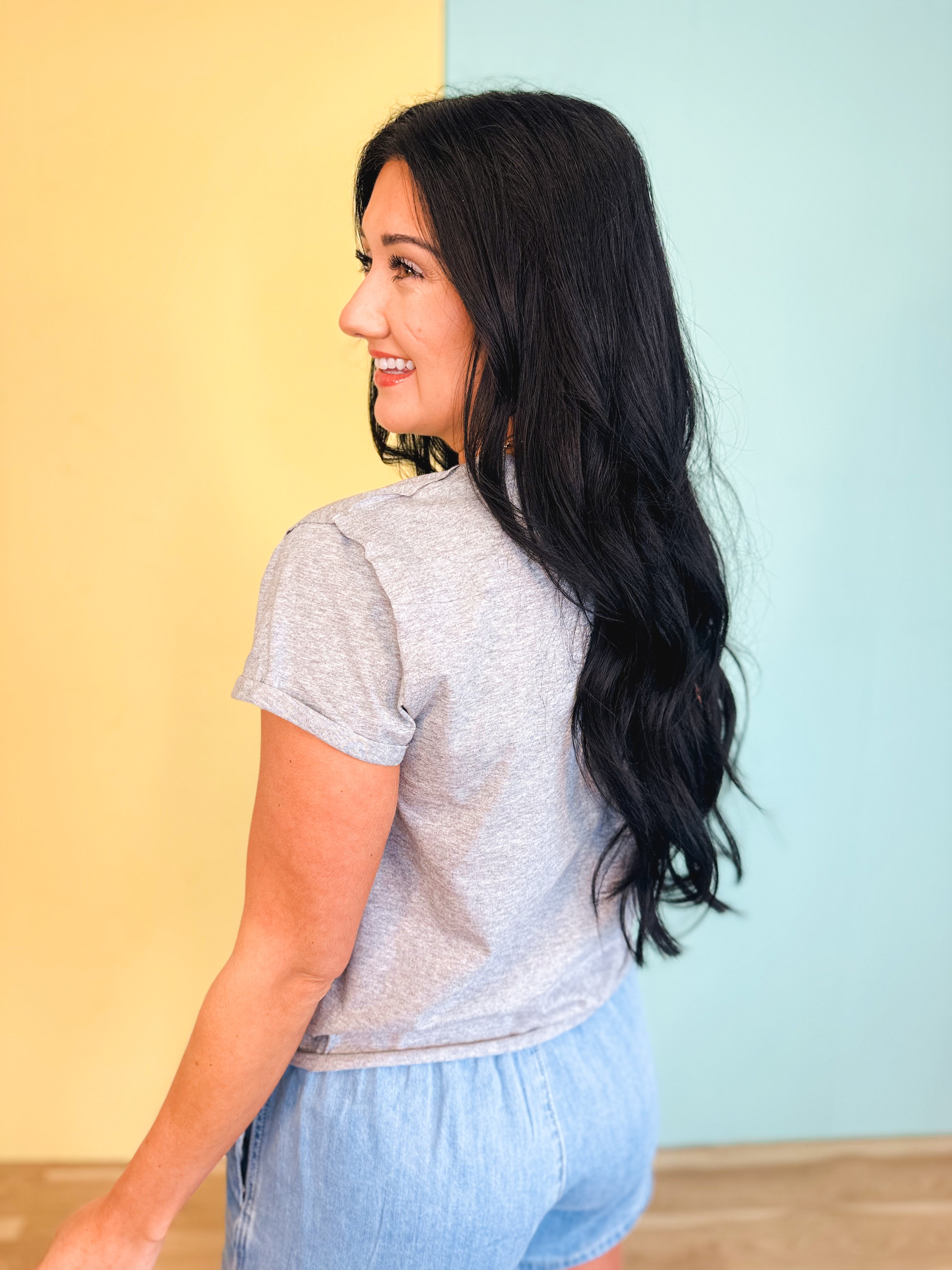 Raw Edge Short Sleeve Knit Top - Heather Grey - Lace and Grace Boutique