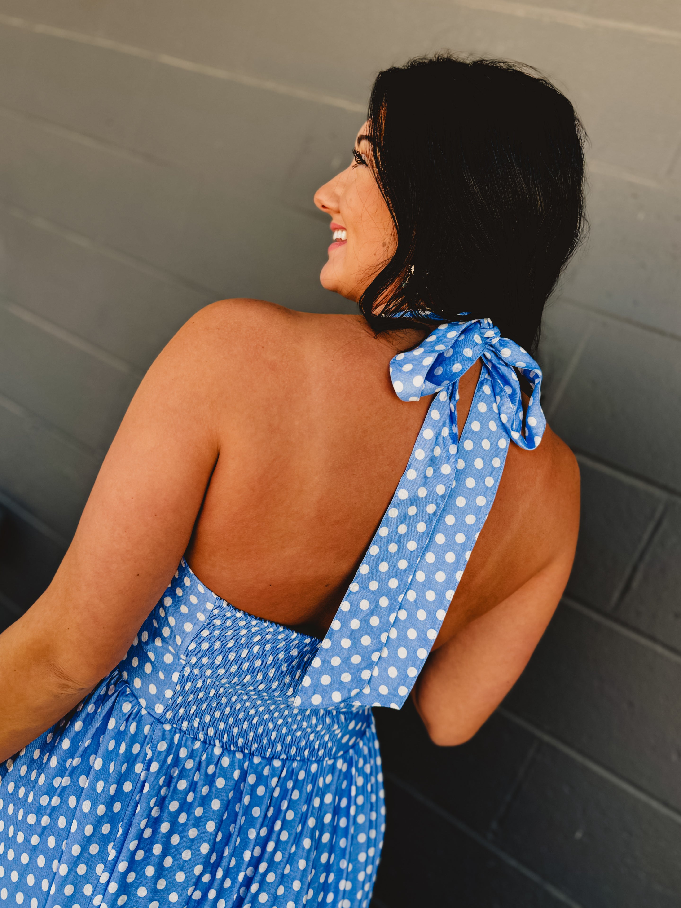 Polka Dot Halter Maxi Dress - Airy Blue - Lace and Grace Boutique