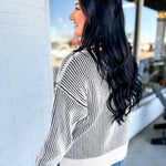 Ribbed Two-Tone Crewneck Sweater - Black - Lace and Grace Boutique