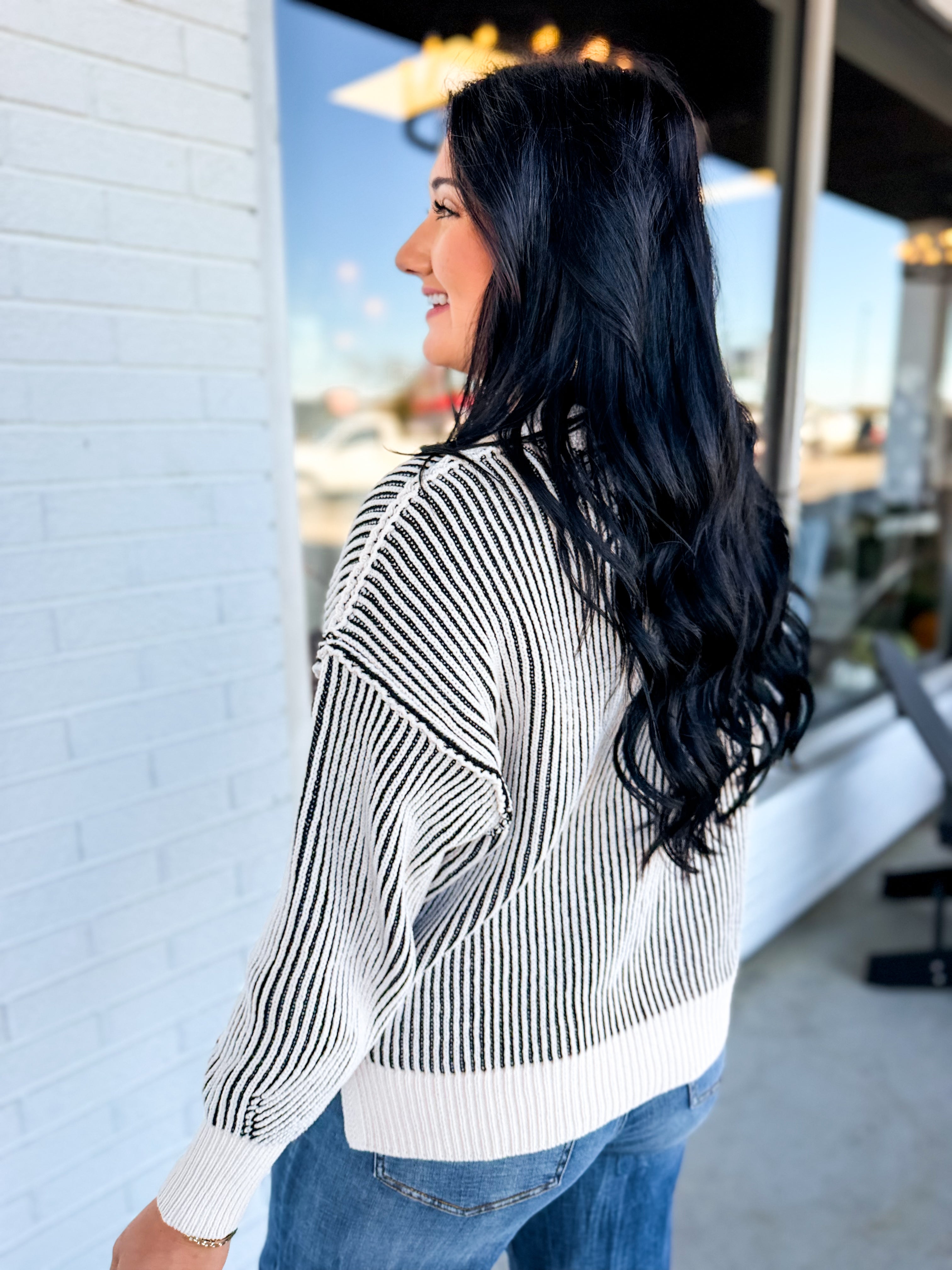 Ribbed Two-Tone Crewneck Sweater - Black - Lace and Grace Boutique