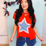 Mineral Wash Striped Lace Star Patch Top - Red - Lace and Grace Boutique