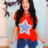 Mineral Wash Striped Lace Star Patch Top - Red - Lace and Grace Boutique