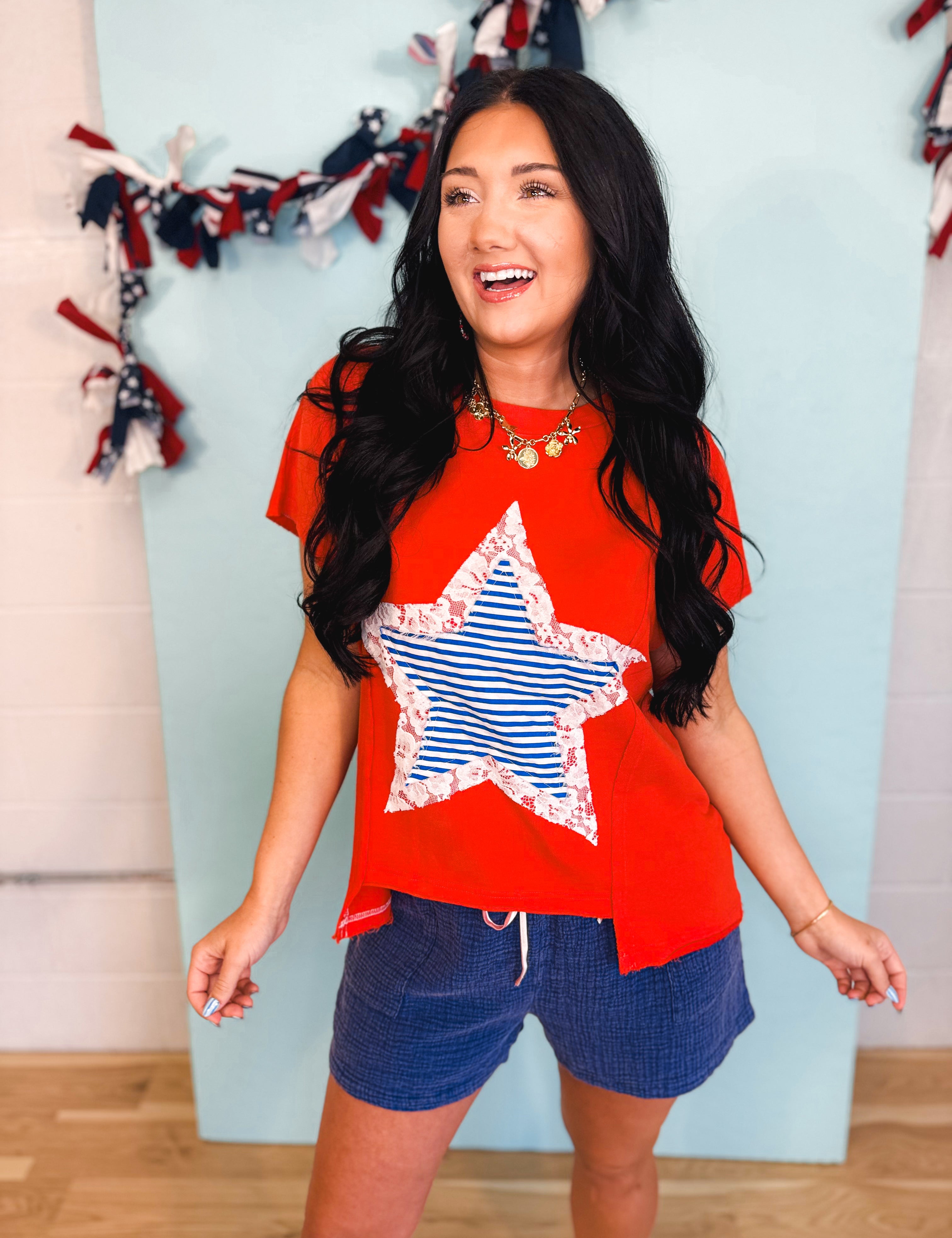 Mineral Wash Striped Lace Star Patch Top - Red - Lace and Grace Boutique