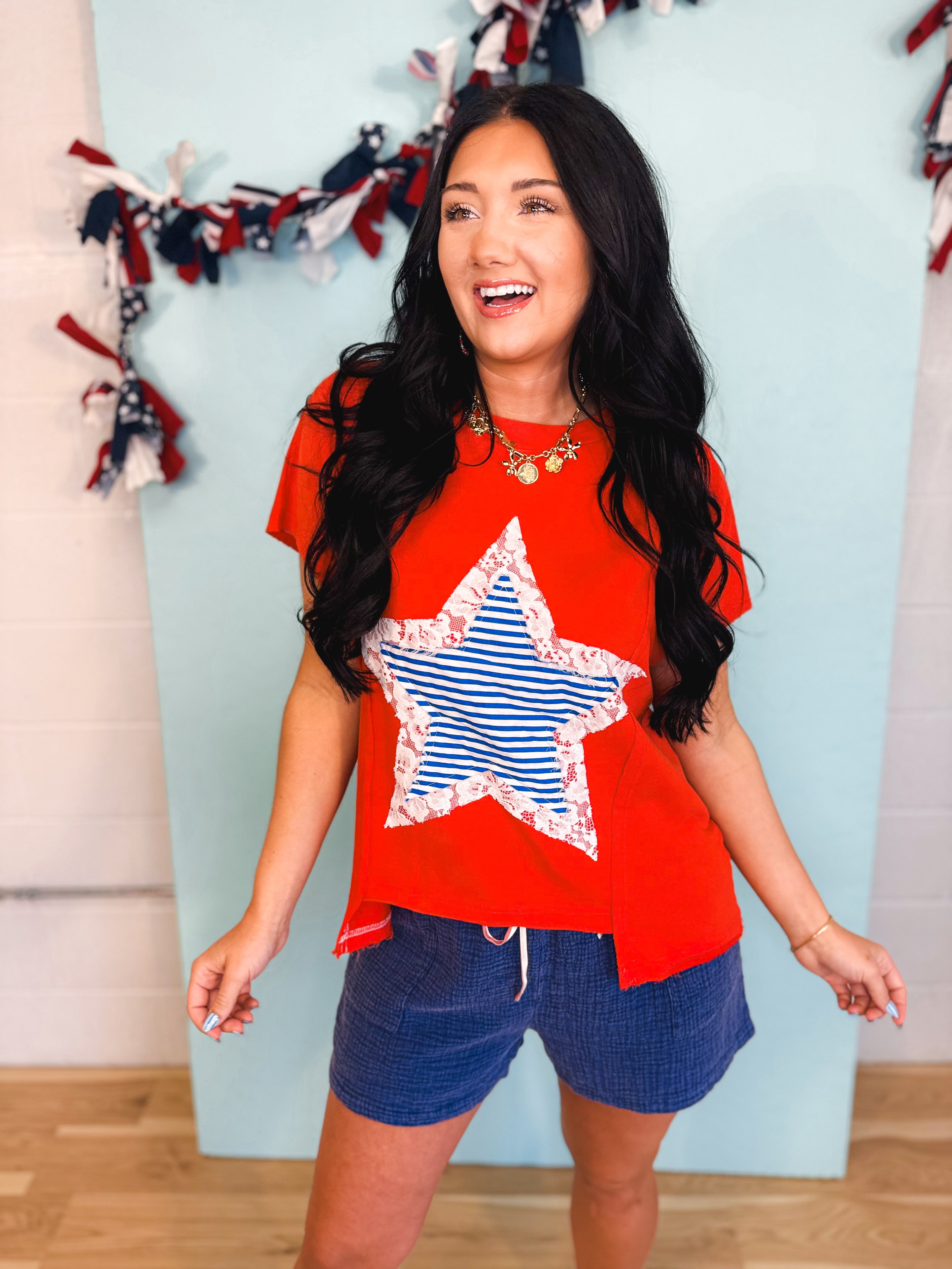 Mineral Wash Striped Lace Star Patch Top - Red - Lace and Grace Boutique