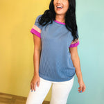 Ribbed Color Block Top - Denim Blue - Lace and Grace Boutique