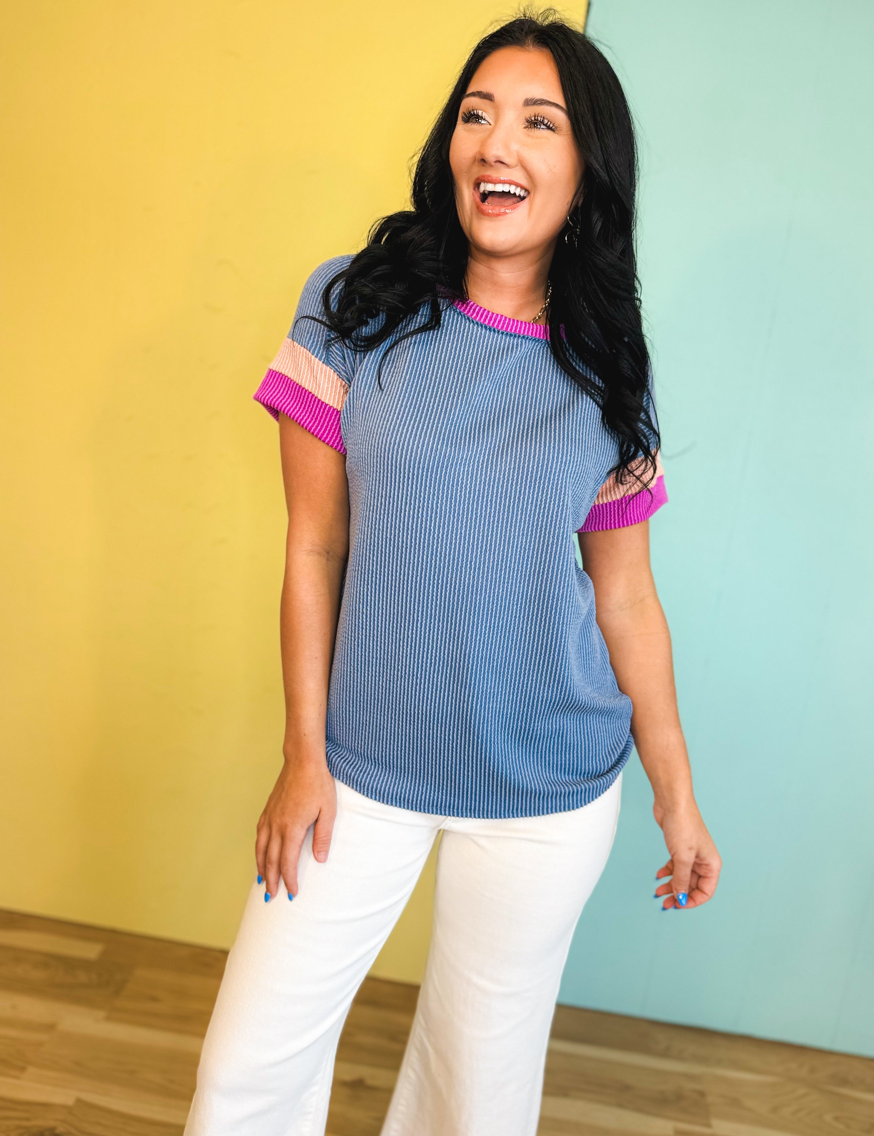 Ribbed Color Block Top - Denim Blue - Lace and Grace Boutique