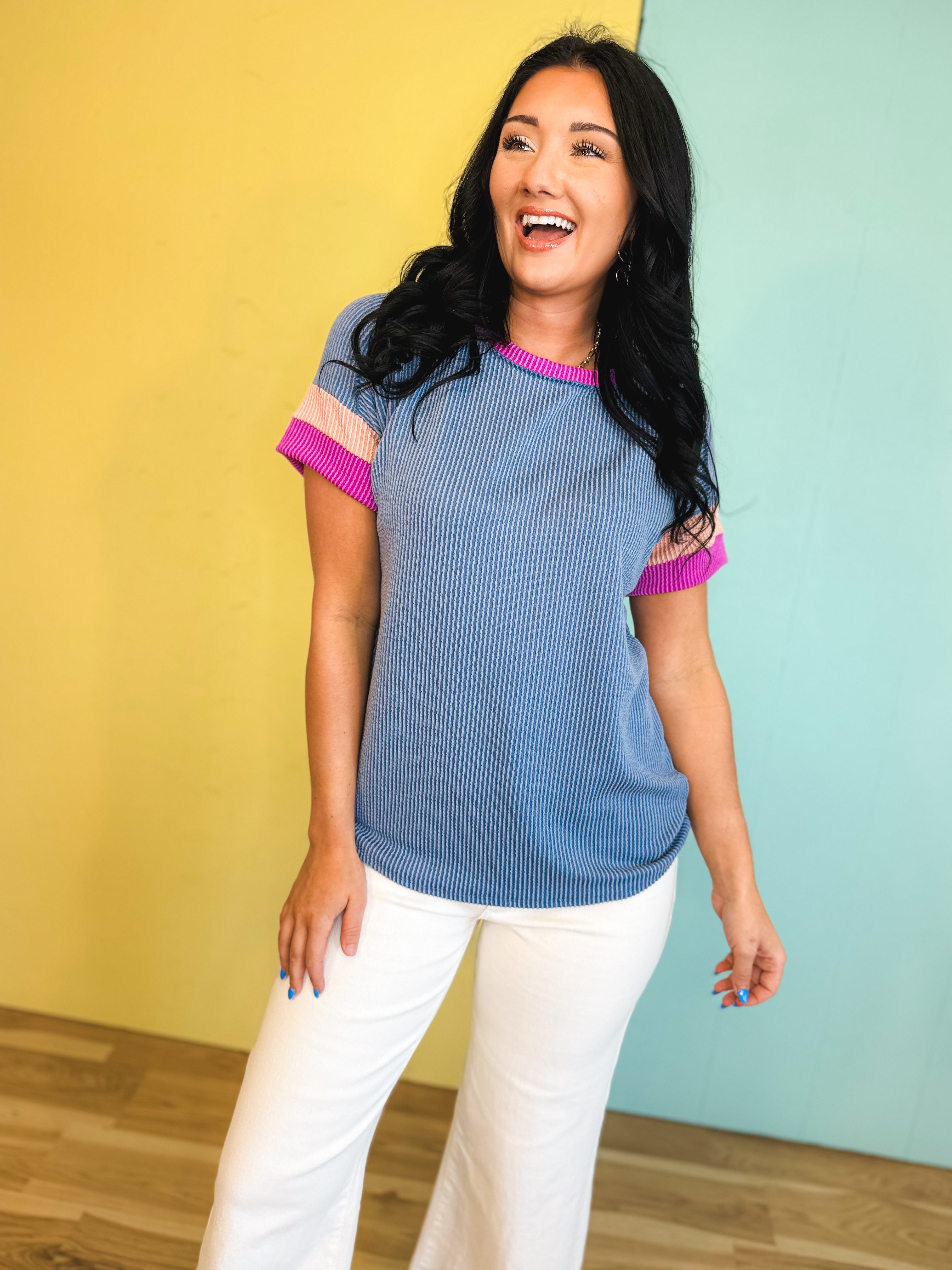 Ribbed Color Block Top - Denim Blue - Lace and Grace Boutique