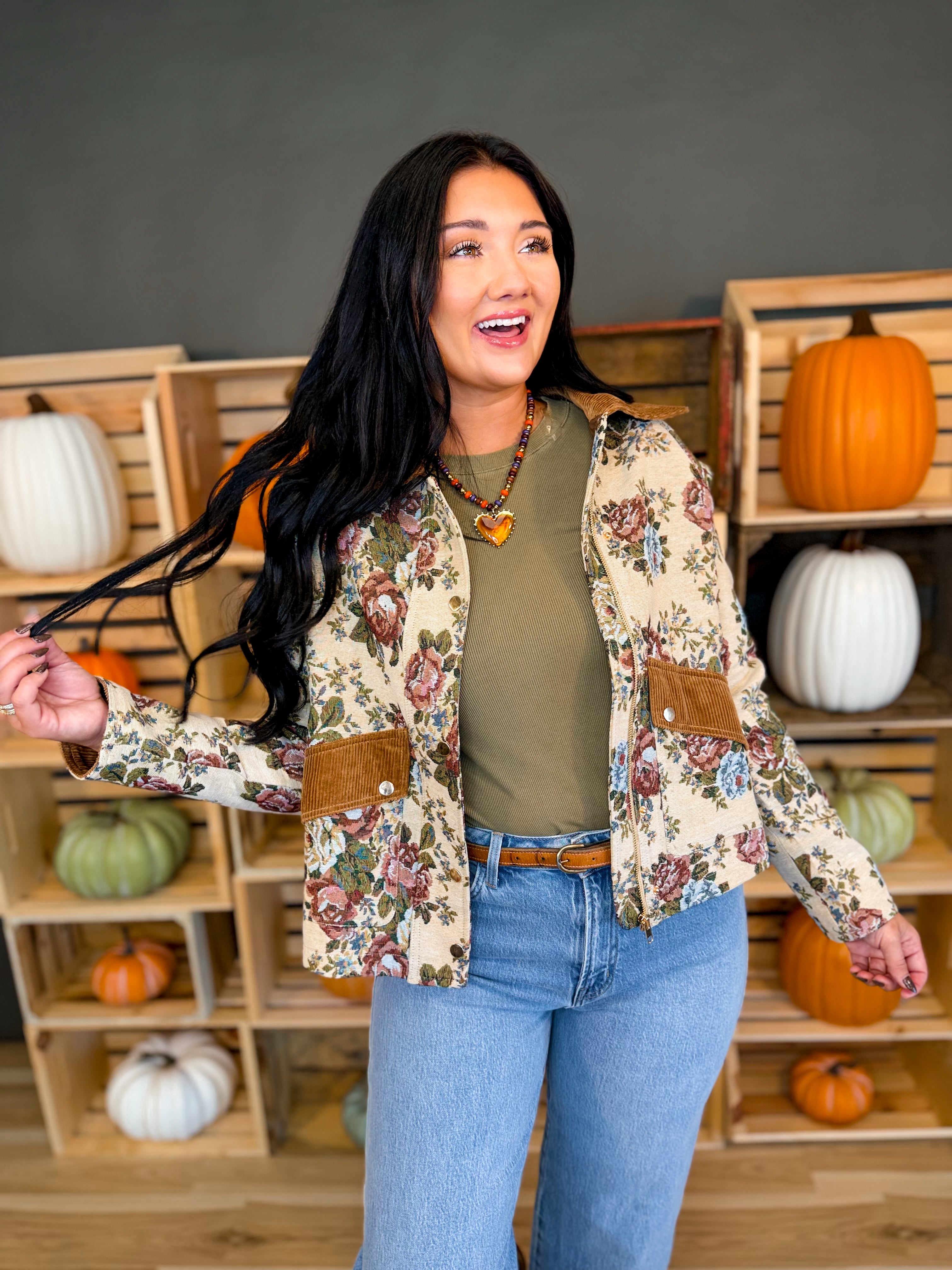 Vintage Floral Tapestry Corduroy Detail Jacket - Lace and Grace Boutique