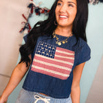 Mixed Media Flag Patch Dolman Sleeve Top - Indigo Blue - Lace and Grace Boutique
