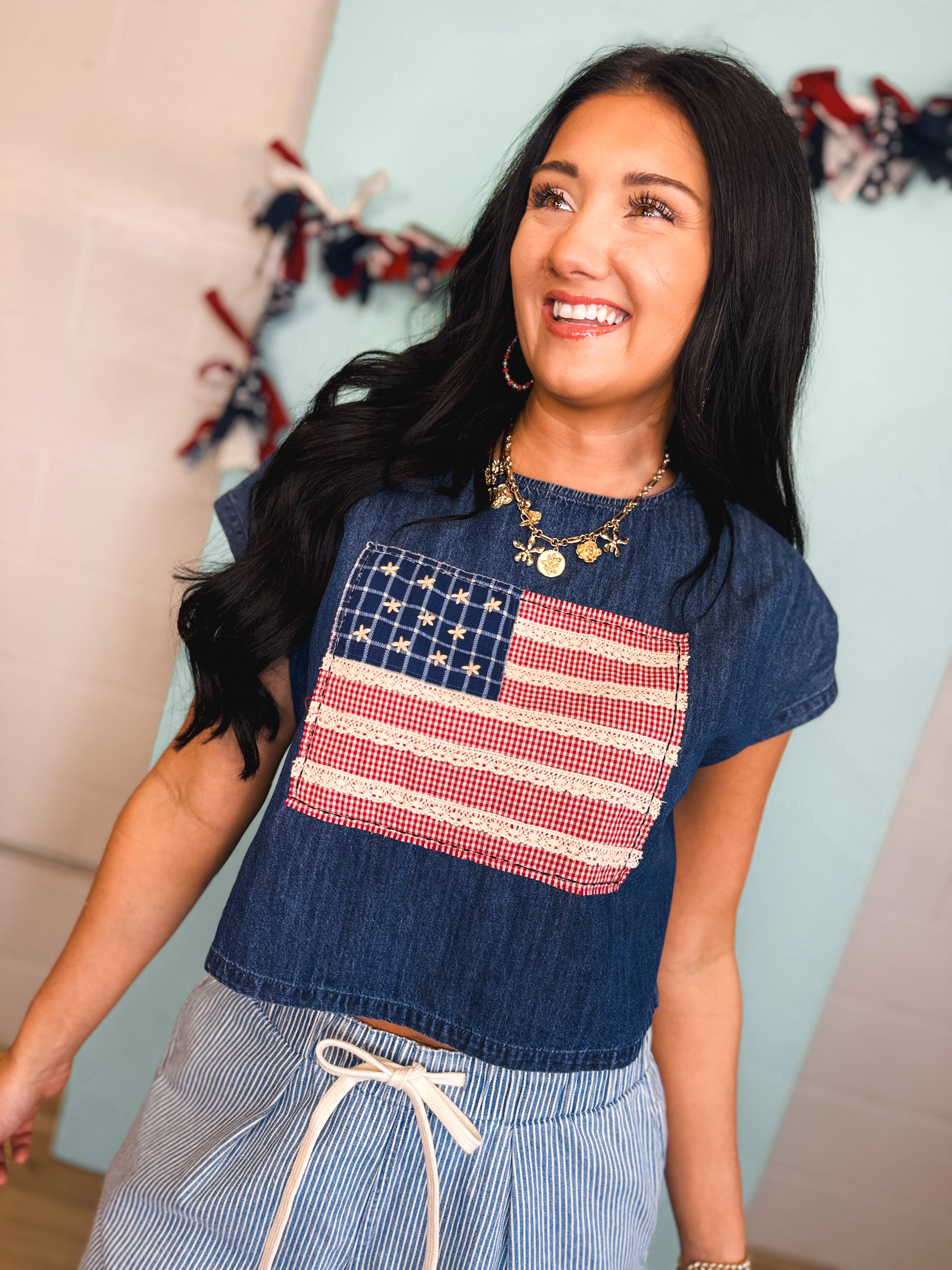 Mixed Media Flag Patch Dolman Sleeve Top - Indigo Blue - Lace and Grace Boutique