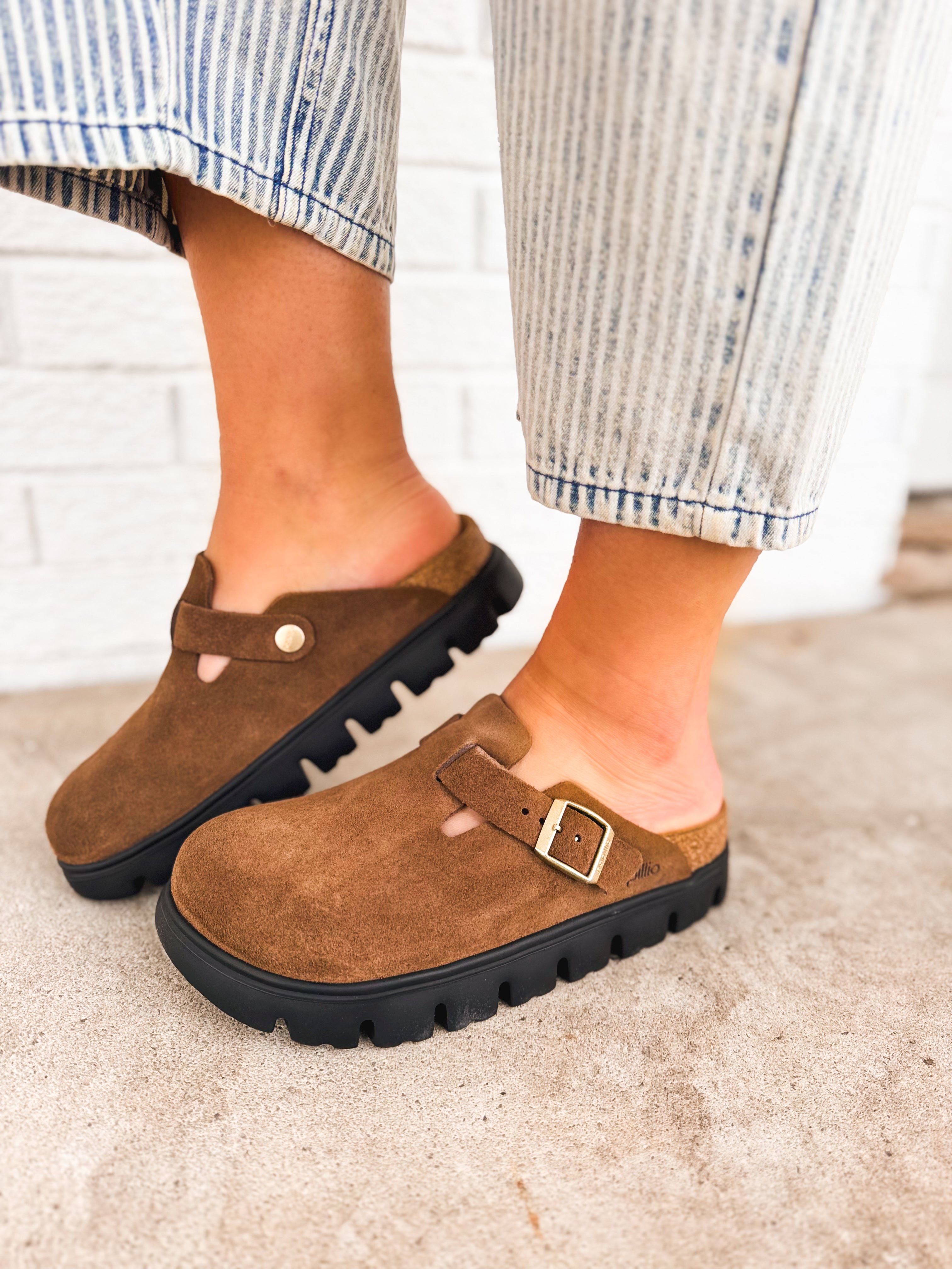 Birkenstock Boston Chunky Suede Leather Clog - Dark Tea/Black - Lace and Grace Boutique