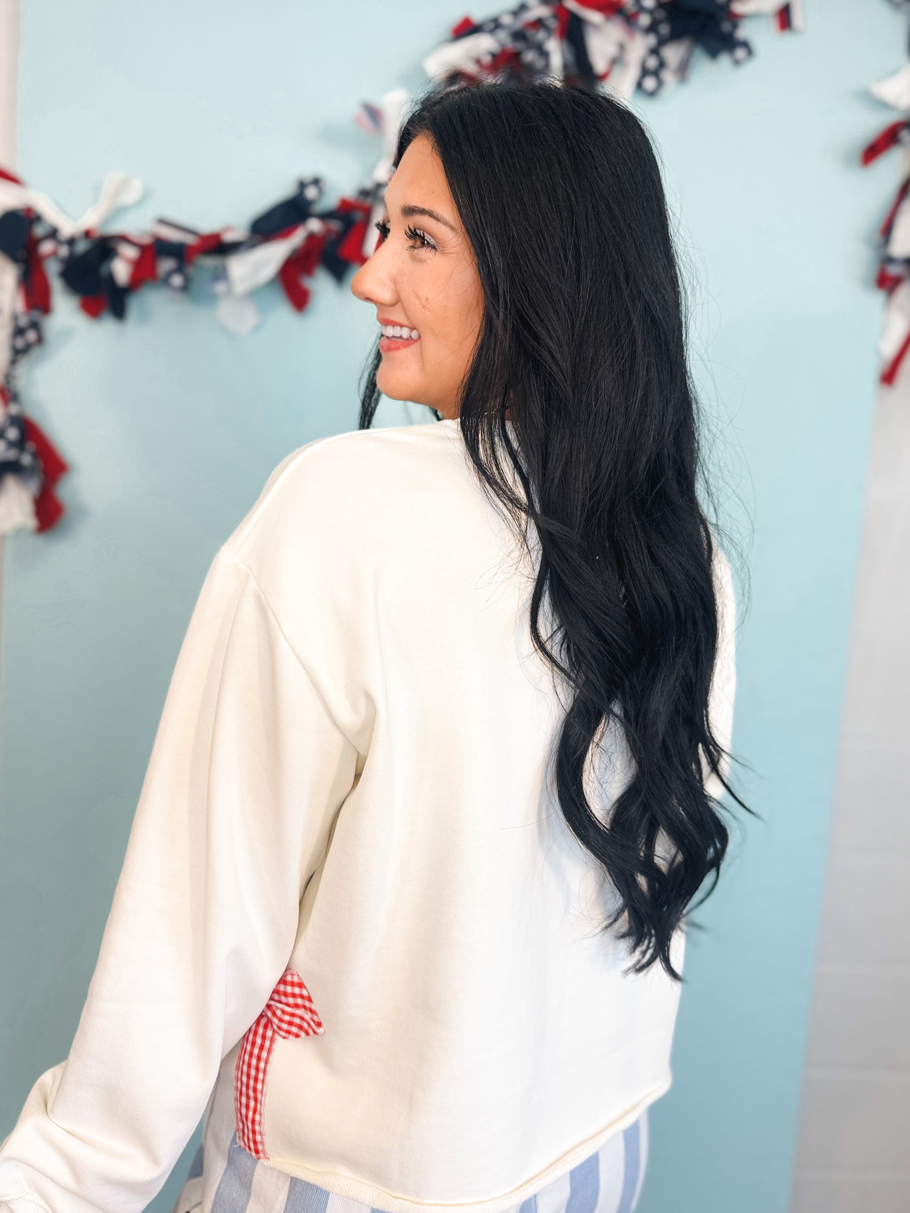 Gingham Bow Side Slit Pullover Top - Off White/Red - Lace and Grace Boutique