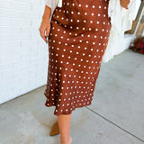 Polka Dot Chain Link Printed Satin Midi Skirt - Brown