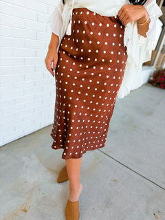 Polka Dot Chain Link Printed Satin Midi Skirt - Brown - Lace and Grace Boutique