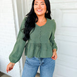 Mineral Wash Cotton Gauze Ruffle Blouse - Teal