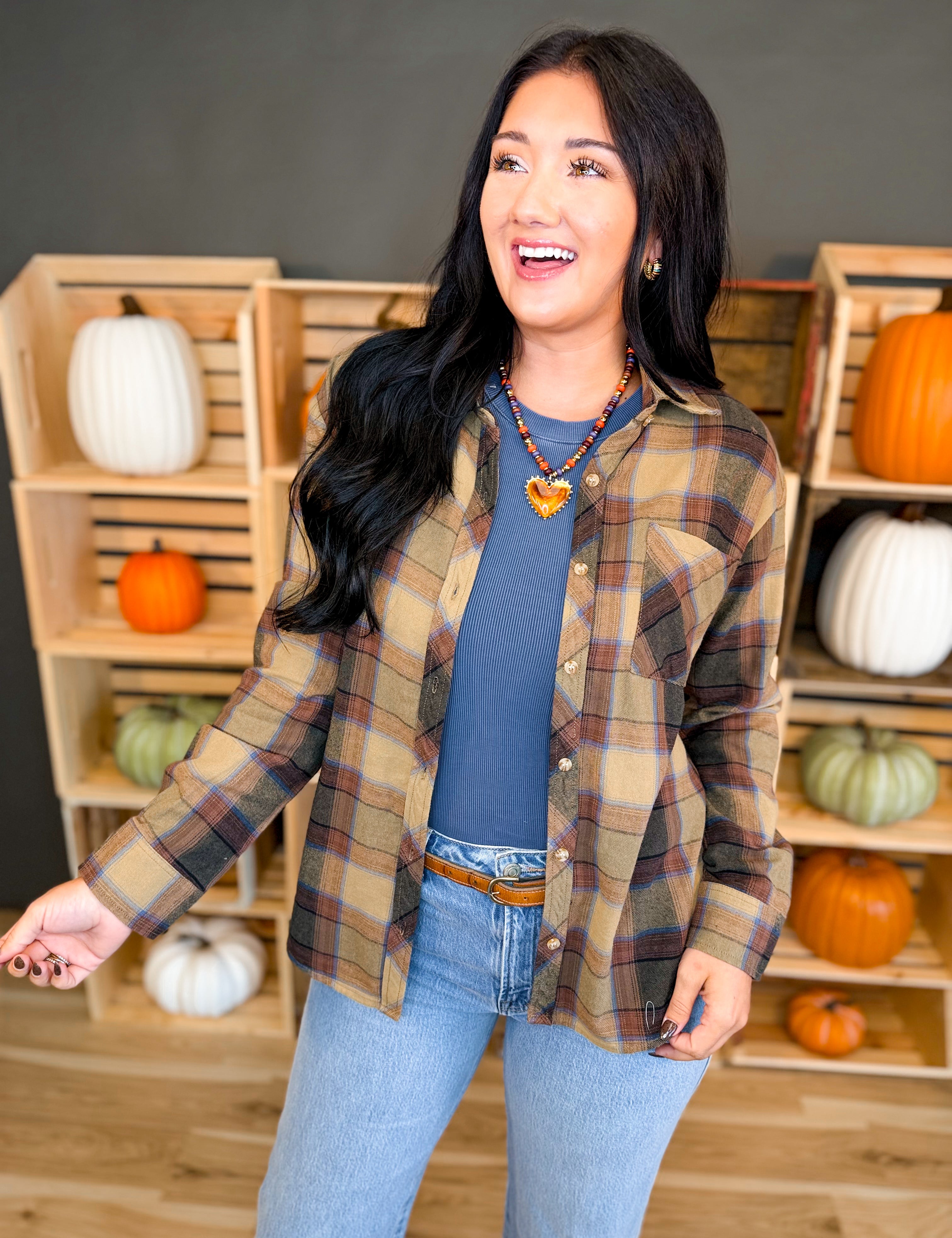 Oversized Plaid Flannel Shirt - Khaki - Lace and Grace Boutique