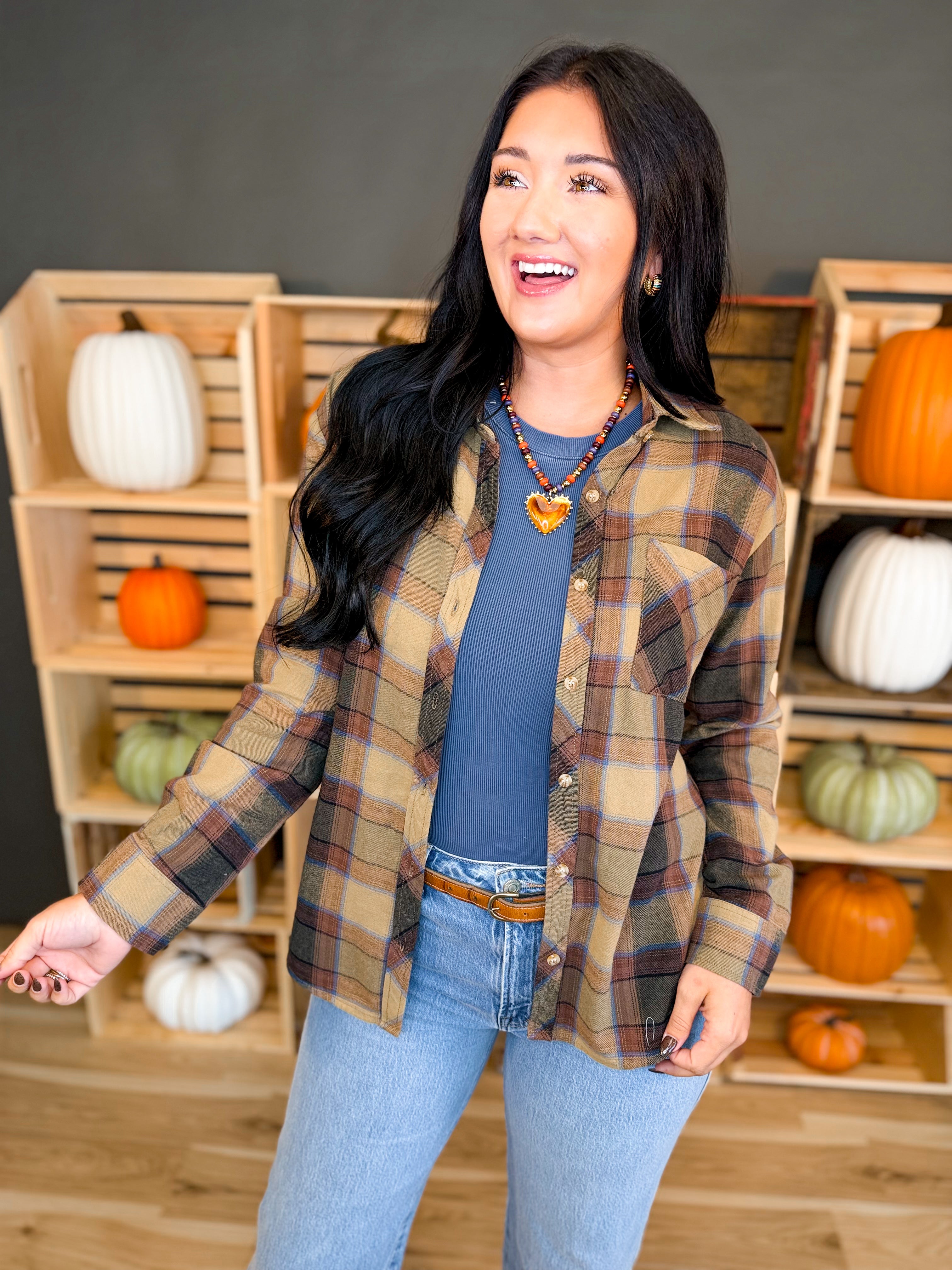 Oversized Plaid Flannel Shirt - Khaki - Lace and Grace Boutique
