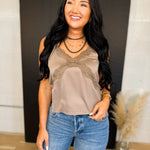 Satin Lace Trim Camisole Tank Top - Mushroom - Lace and Grace Boutique