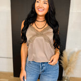 Satin Lace Trim Camisole Tank Top - Mushroom - Lace and Grace Boutique