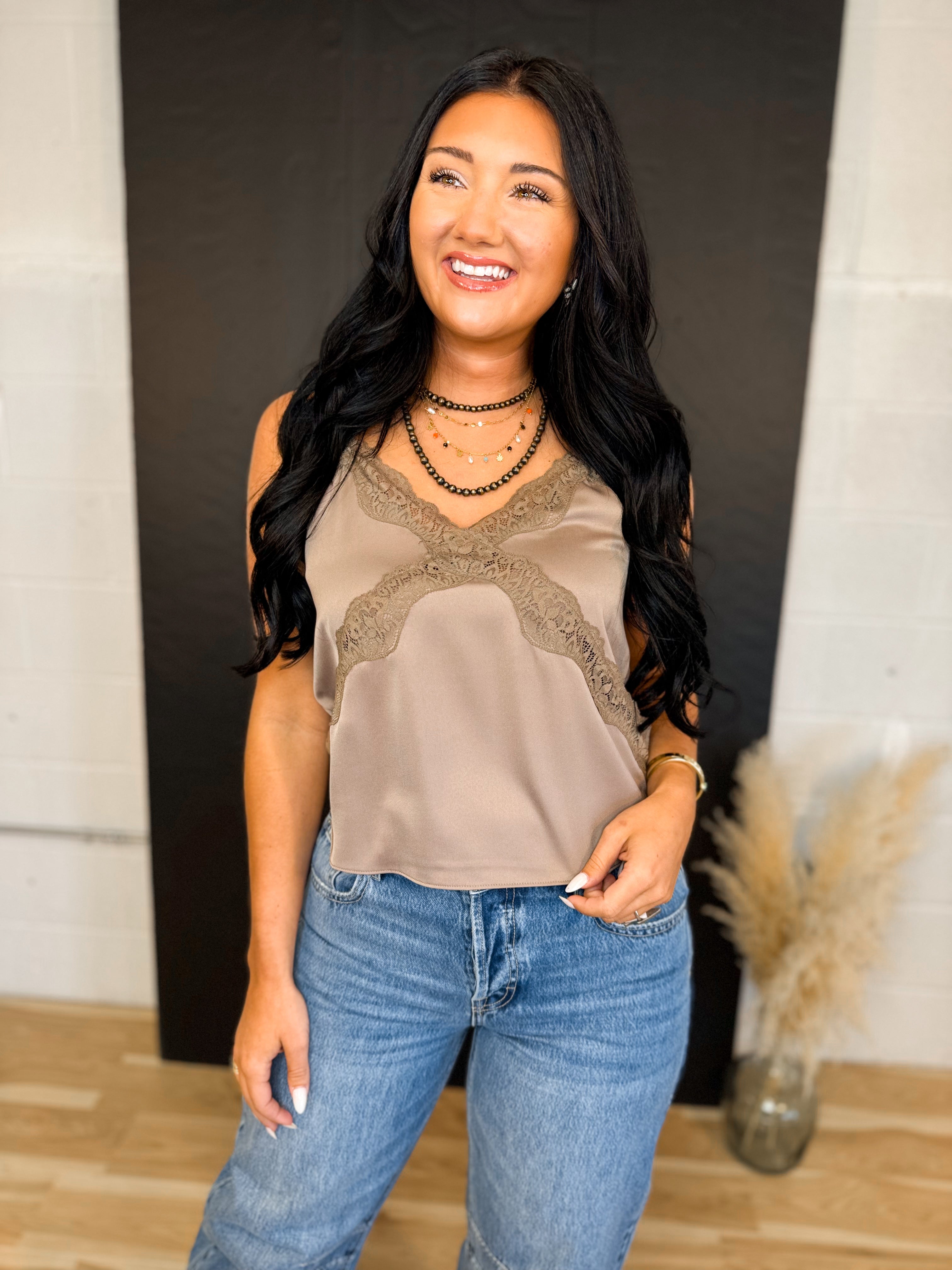 Satin Lace Trim Camisole Tank Top - Mushroom - Lace and Grace Boutique