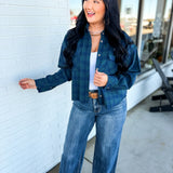 Plaid Raw Edge Cropped Button Up Shirt - Navy Combo - Lace and Grace Boutique