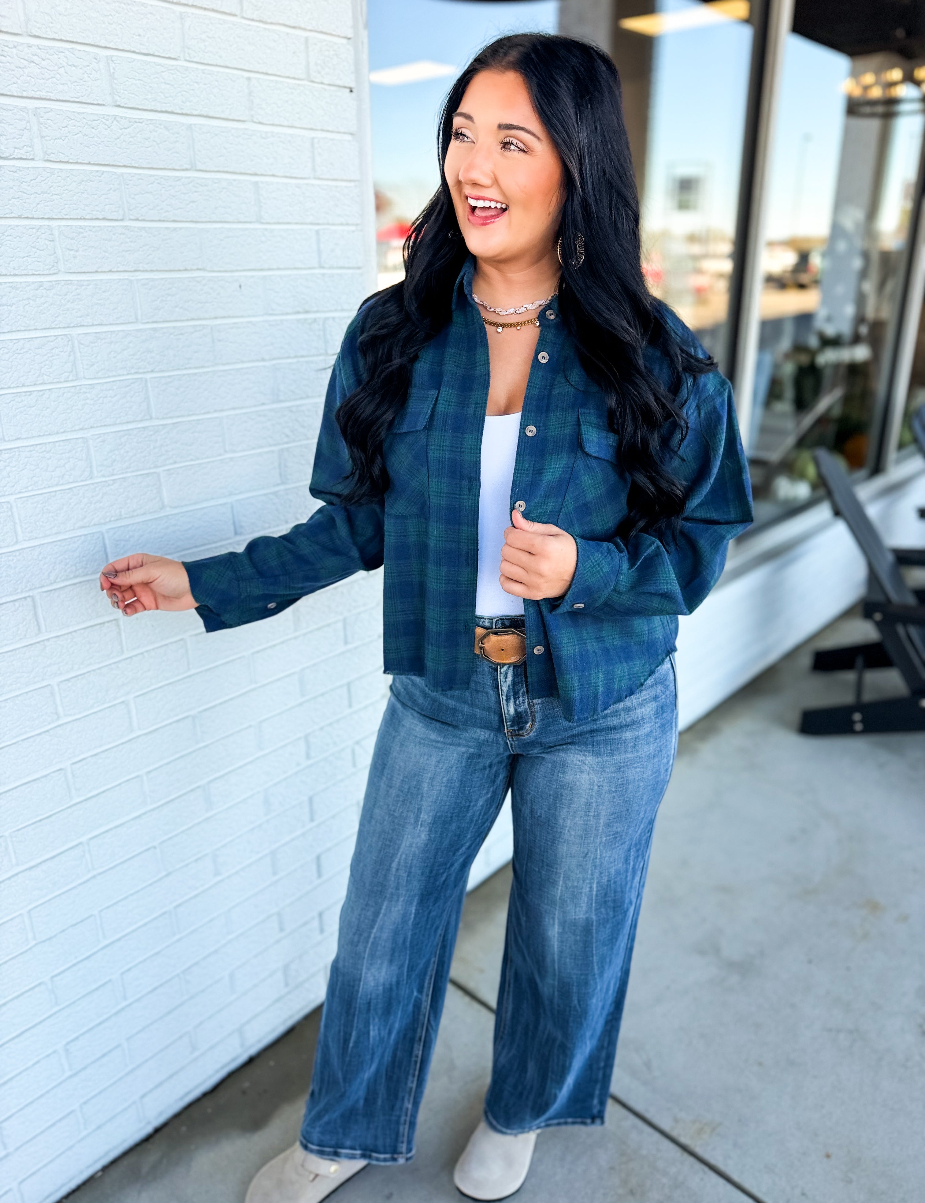 Plaid Raw Edge Cropped Button Up Shirt - Navy Combo - Lace and Grace Boutique